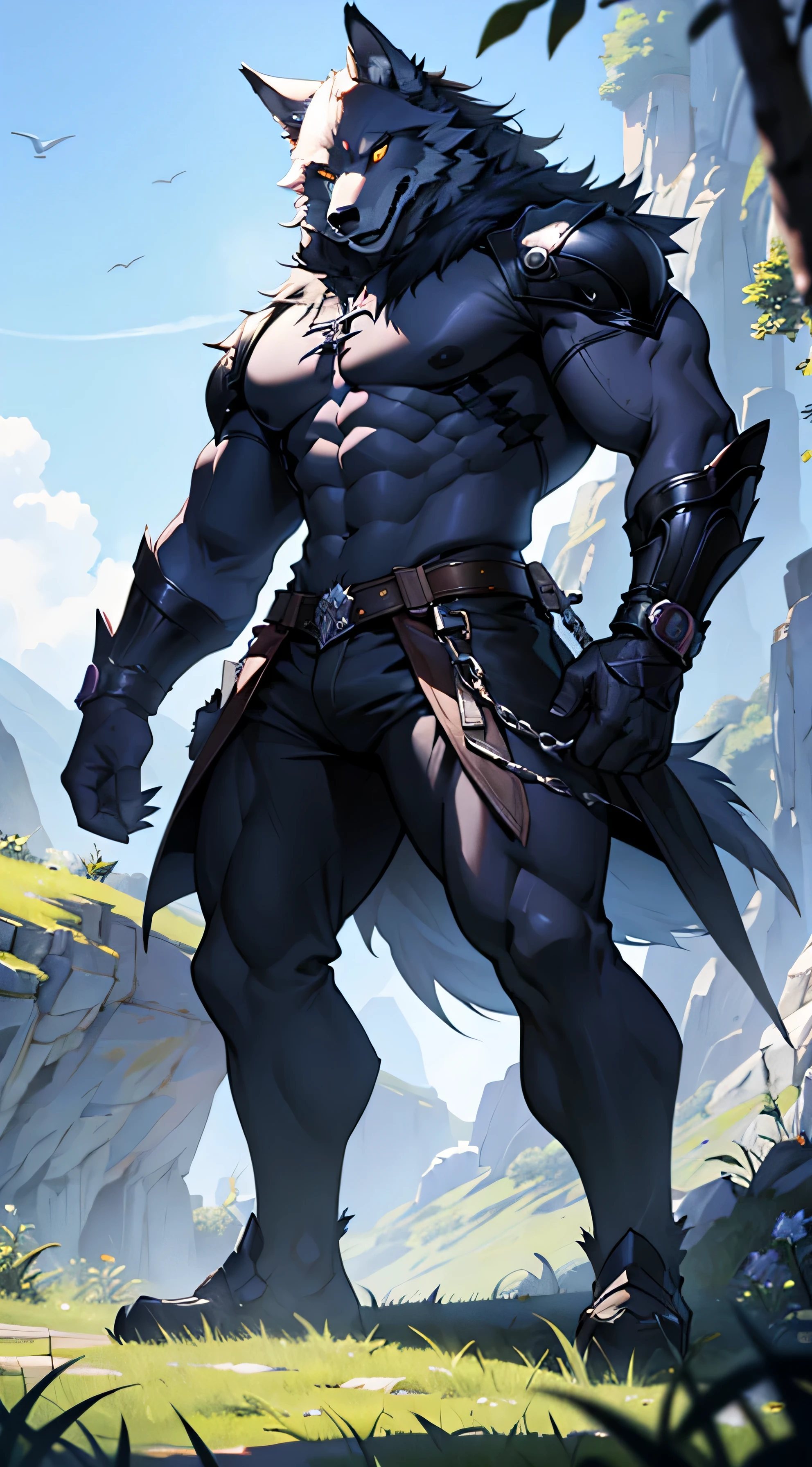 (Best Quality, 4k, 8K, high resolucion, Masterpiece:1.2), wolf monster, 짧은 다리를 가진 털복숭이 wolf monster, side pose, Full body pose, Outdoor Lighting, vertical lighting, Natural background, Noon hours, large claws on front feet, Gaze angle at shoulder height, meadow background,
