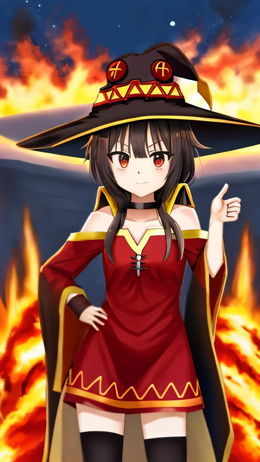 Megumin, red eyes, cabelos curtos e castanhos, dragon outfit, fogo, Japan.