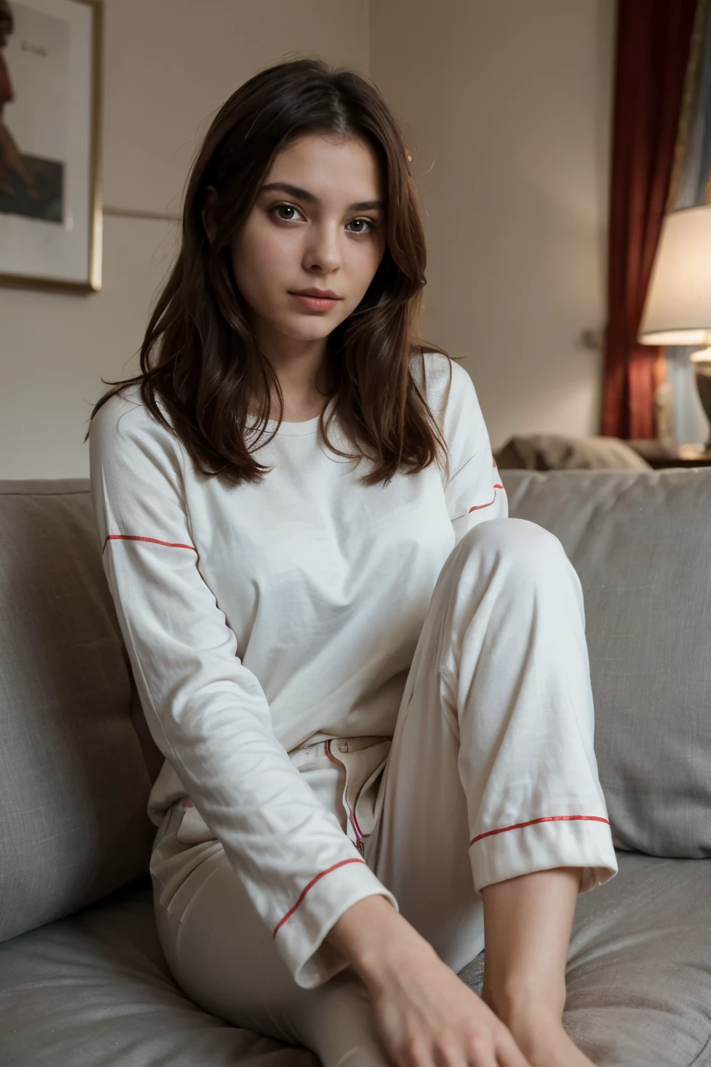 ((best quality)), ((masterpiece)), (detailed), 8k quality, girl in pajamas sitting on a sofa, Christmas