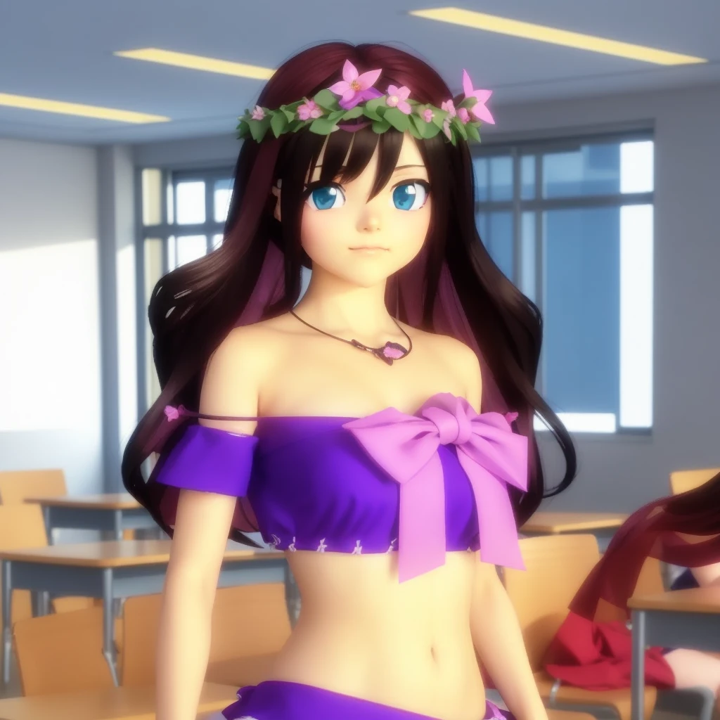 anime girl in purple bikini with purple flower crown in classroom, anime styled 3d, stylized anime, my dress up darling anime, anime stylized, 3d anime girl, anime princess, fashion gameplay screenshot, rei hino as a princess, upper body avatar, anime moe artstyle, young anime girl, realistic anime 3 d style, life simulator game screenshot