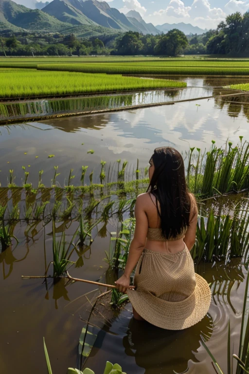 A rice field with a beautiful woman, a buffalo, a rice field, water, and fish.