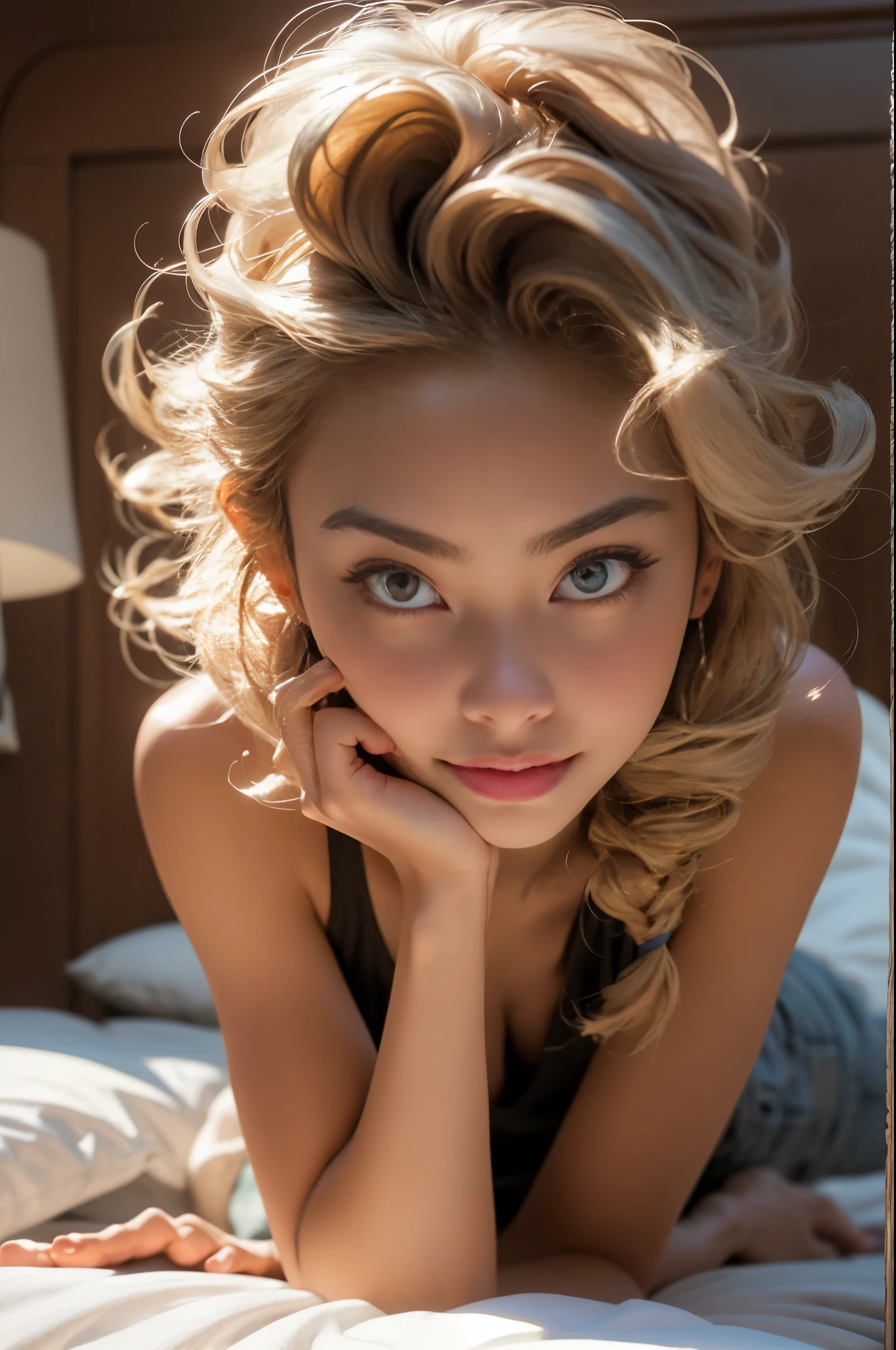 melancholy lighting, Quiet, chill out, luminance, tmasterpiece, Best quality, 1 sister, (Kim Kroll:1.2), (hyper realisitc:1.3), (tmasterpiece:1.4), Best quality, ((actual)), high high quality, ultra - detailed, ((Authentic images)), ((Realistic skin)), ((Realistic face)),(illuminations:1.05), (The beautiful:1.05), (The beautiful眼睛:1.05), (电影灯光:1.1), Full body lesbian, Precise proportions, 18yo Girl, Thin model lying next to bed, SHORT BLONDE hair fluttering in the wind, gossamer, legs long, Open your feet slightly, Gluteus, The face is red, Very shy, 鎖骨, Abs, Double up braid, Beautiful and delicate face, Fair skin, dermiace details), pores, 超高分辨率, 8K, Parameters Best quality, tmasterpiece, 超高分辨率, (Reality 2.0), higher detailed, delicate skin, cleanness, Hefty Smile, white teeth, short blonde curly hair, perfect and well designed eyes, girlfriend, The beautiful, The beautiful, blossom flower, Studio lighting