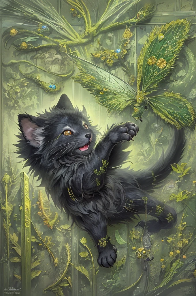 Grainy, extremely detailed, intricate details, dynamic lighting, photorealistic, film, daylighting, m0nst3rfy3, cute black kitten, playing with moth.