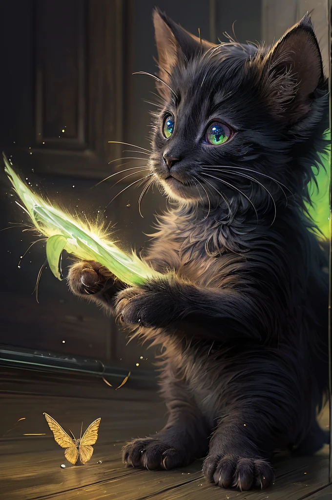Grainy, extremely detailed, intricate details, dynamic lighting, photorealistic, film, daylighting, m0nst3rfy3, cute black kitten, playing with moth.