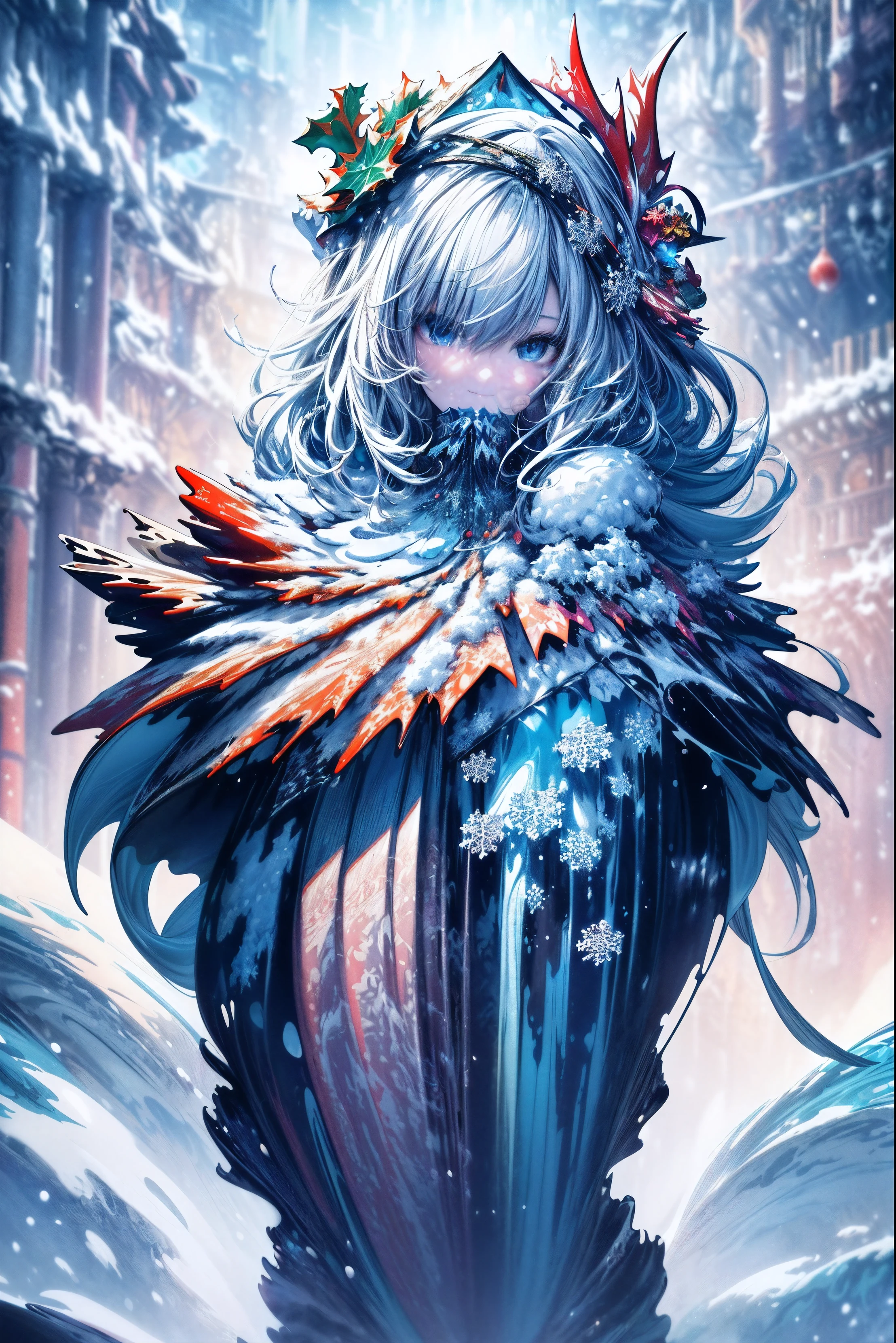(masutepiece, of the highest quality, Best Quality, official Art Book, Beautiful and aesthetic:1.2), (1girl in:1.2), lightsmile, santa_The costume, floating, float, ighly detailed, (Abstract:1.4, fractal Art Book:1.3), Christmas, Colorful, highest details, Snow, lightning, Snowflakes, (Splash_Art Book:1.2), Jewelry:1.4, Scenery, inky