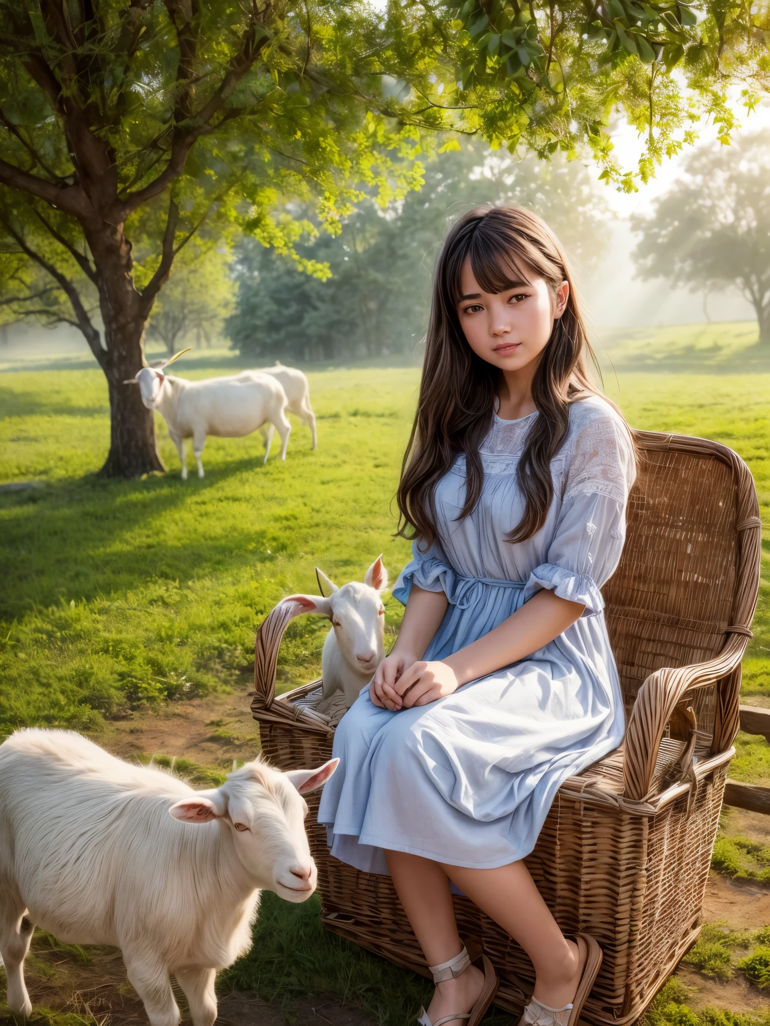 (best quality,4k,8k,highres,masterpiece:1.2),ultra-detailed,(realistic,photorealistic,photo-realistic:1.37),beautiful detailed eyes,beautiful detailed lips,extremely detailed eyes and face,long eyelashes,1girl,Village girl milking a goat,in a rural setting,sunlit background,A girl wearing a traditional dress,sitting on a wooden stool,concentrated expression,holding a bucket with fresh milk,friendly interaction with the goat,kind and gentle hands,petting the goat's head,nature-inspired artwork,soft colors,impressionistic style,muted tones,peaceful and calm atmosphere,subtle hints of morning mist,ethereal lighting, golden hour, highlighting the scene's warmth,traditional farm life,filled with authenticity and simplicity,emphasizing the girl's connection with nature and animals,subtle rays of sunlight filtering through the leaves,creating a magical ambiance.