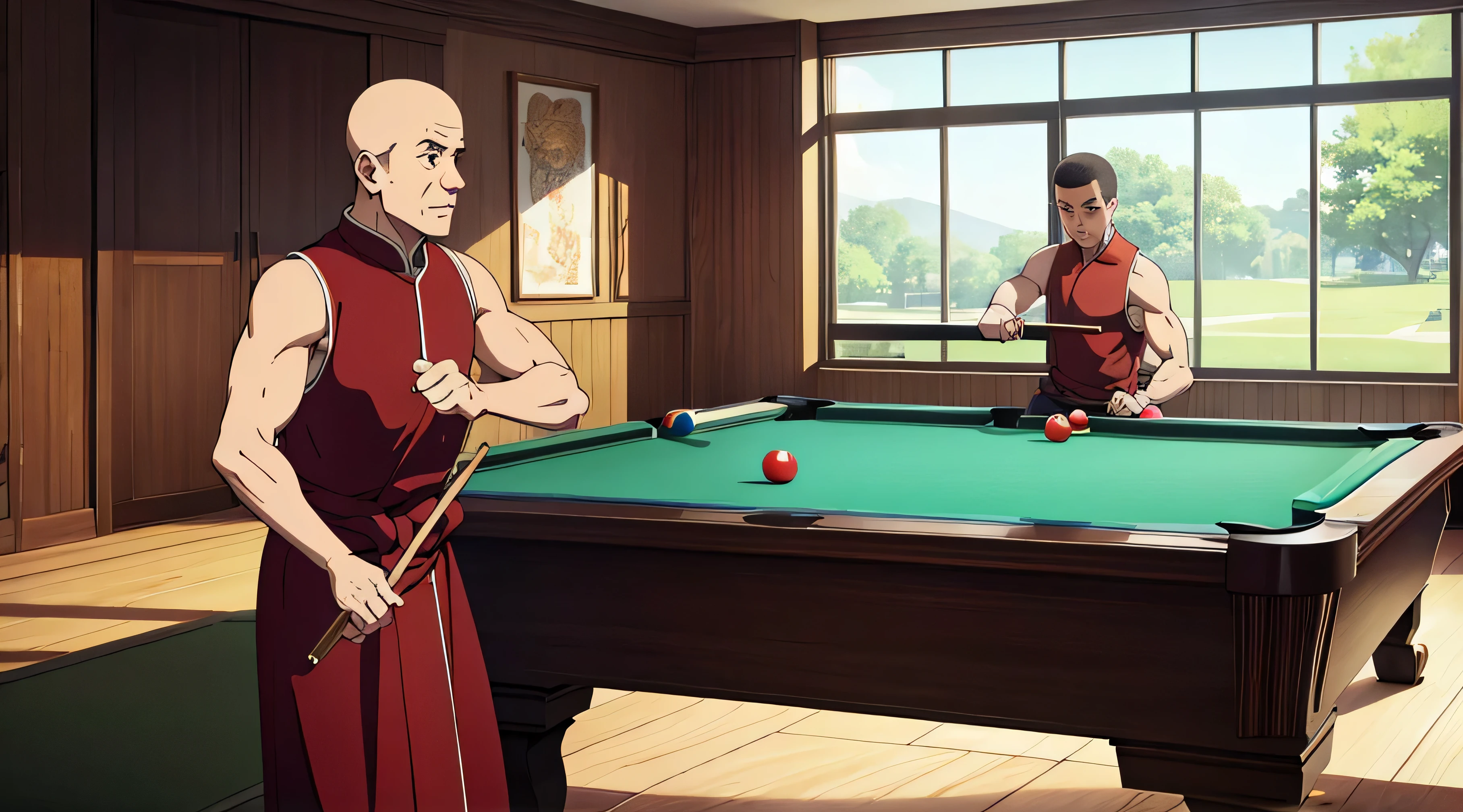 monk playing pool holding the cue with both hands while watching focused on the ball on the table