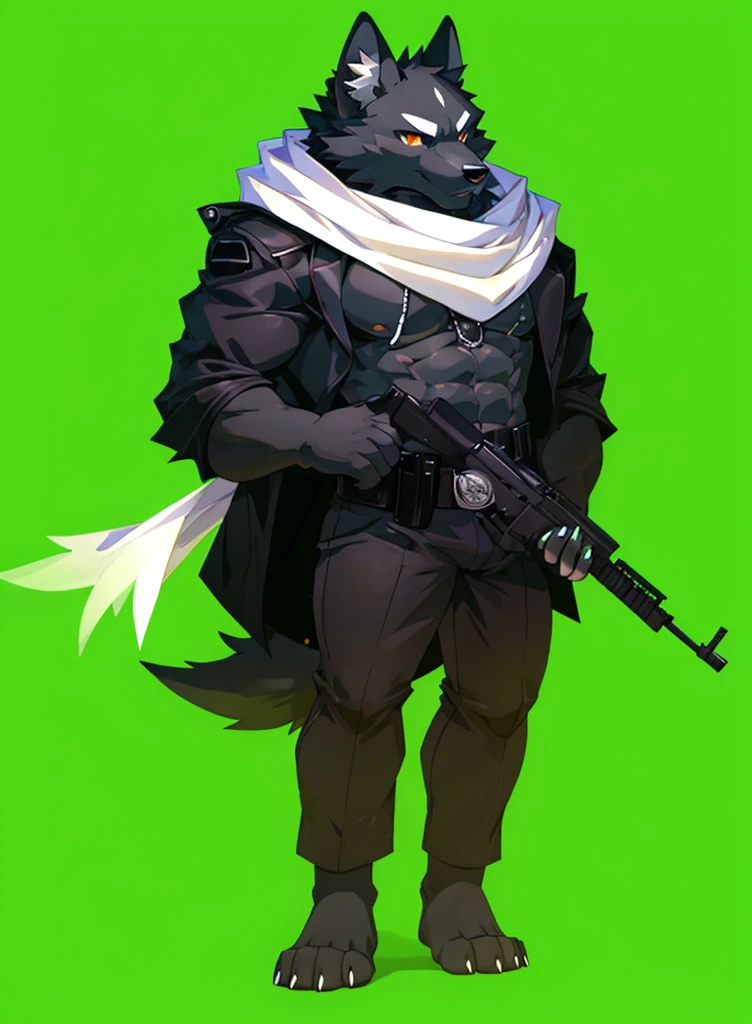 Black fur anthro wolf, (orange eyes (red pupil(black line in the middle of pupil))), short ears (black ears), (detailed (holding assault rifle (black assault riffle) with two hand (black paws(white nails)))), (wearing (black jacket (white carf around his neck and the rest of the cloth behind his back (high quality shadow)) (no accesory on jacket) (muscular black fur chest uncovered (no necklace))), (dark pants), no shoes), (black feet (animal feet or paws) (four finger (white nails))). Hd quality, good quality, 4k, hd resolution