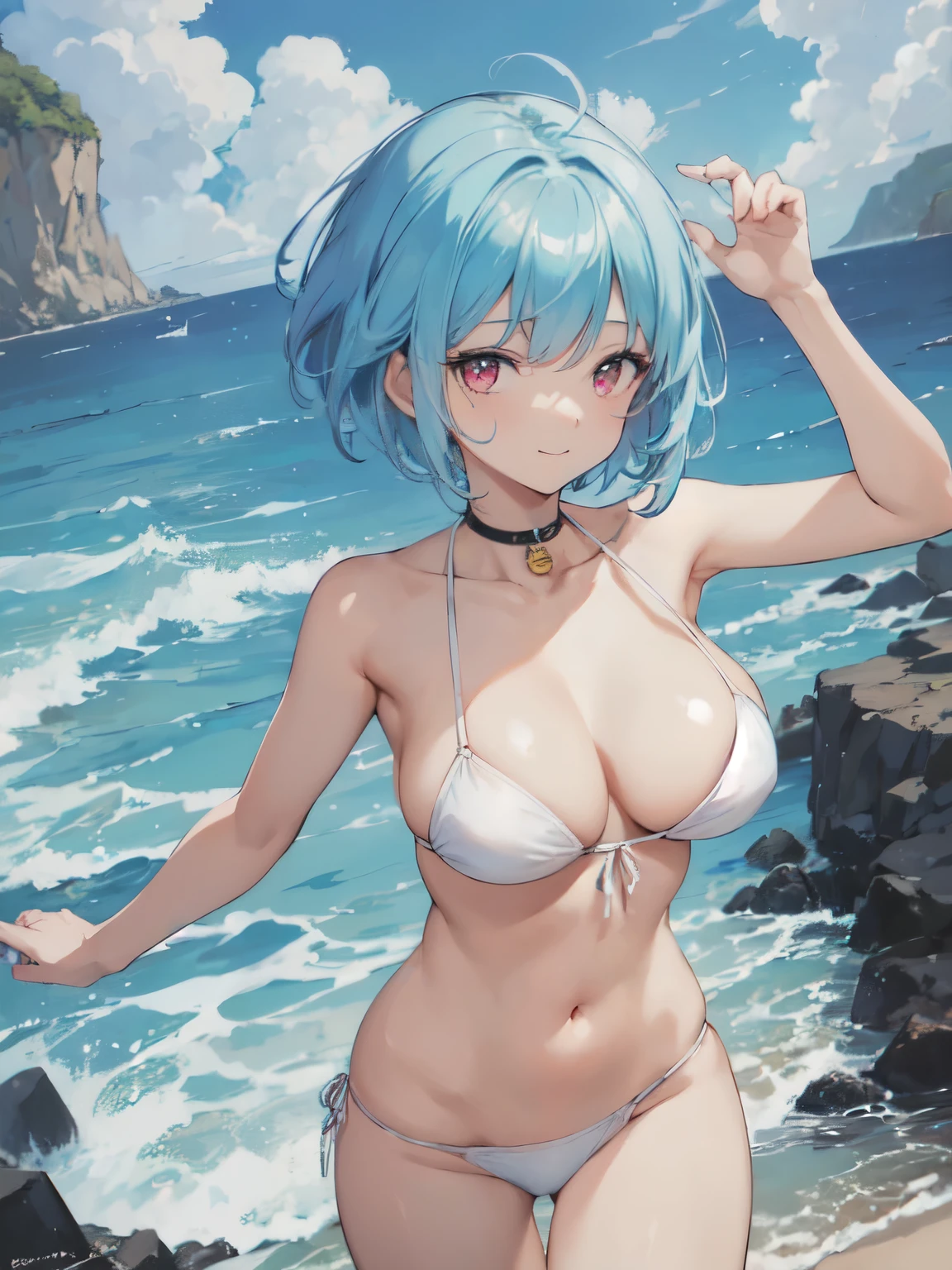 ((masterpiece, best quality)), High resolution, distinct image, (anime style:1.2), flat color, painting (1girl), (solo), (female Focus), dynamic pose ((nsfw)), smile, (white bikini), Beautiful girl with light blue hair, (short hair), (light blue short hair 1.2), (red eyes), (eyelashes), Sparkling eyes, (Perfect eyes:1.2), (Perfect iris:1.2), (Perfect hands:1.2), (large breasts 1.4), beach, sand , seaside , oficial art