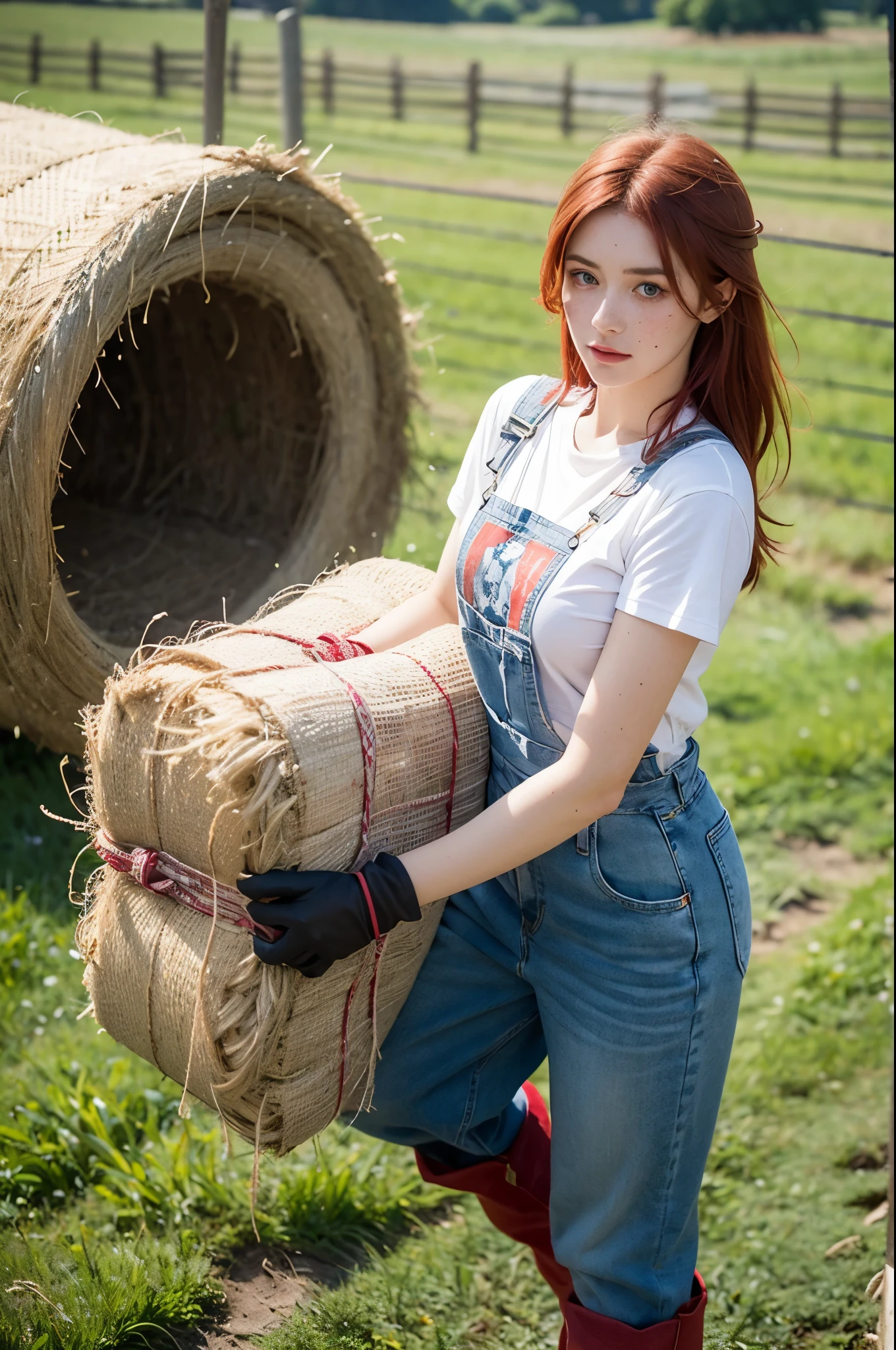 a dirty buxom young (20) Irish girl with red hair, green eyes, freckles, oversized breasts, dirty small t-shirt, daisy duke overalls, work gloves, red bandana with intricate pattern tied in her hair, and knee high work boots is carrying a bale of hay, countryside farm