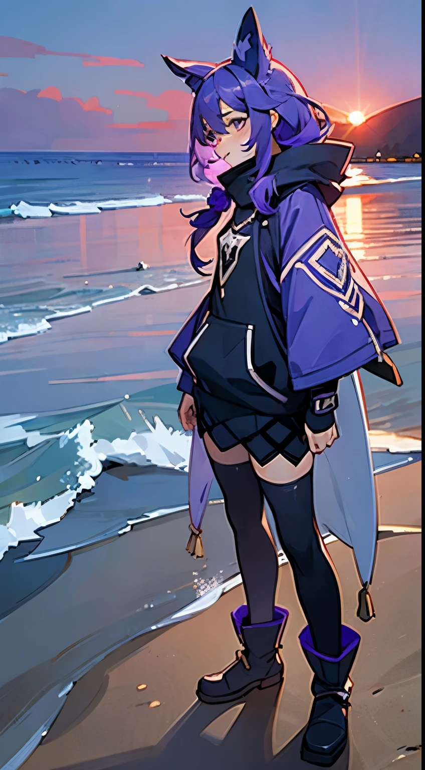 Purple colored hair,Purple eye,the sunset,sandbeach,beachside,8K分辨率,Black sweatshirt,black over-the-knee socklack Martin boots,Surrealism