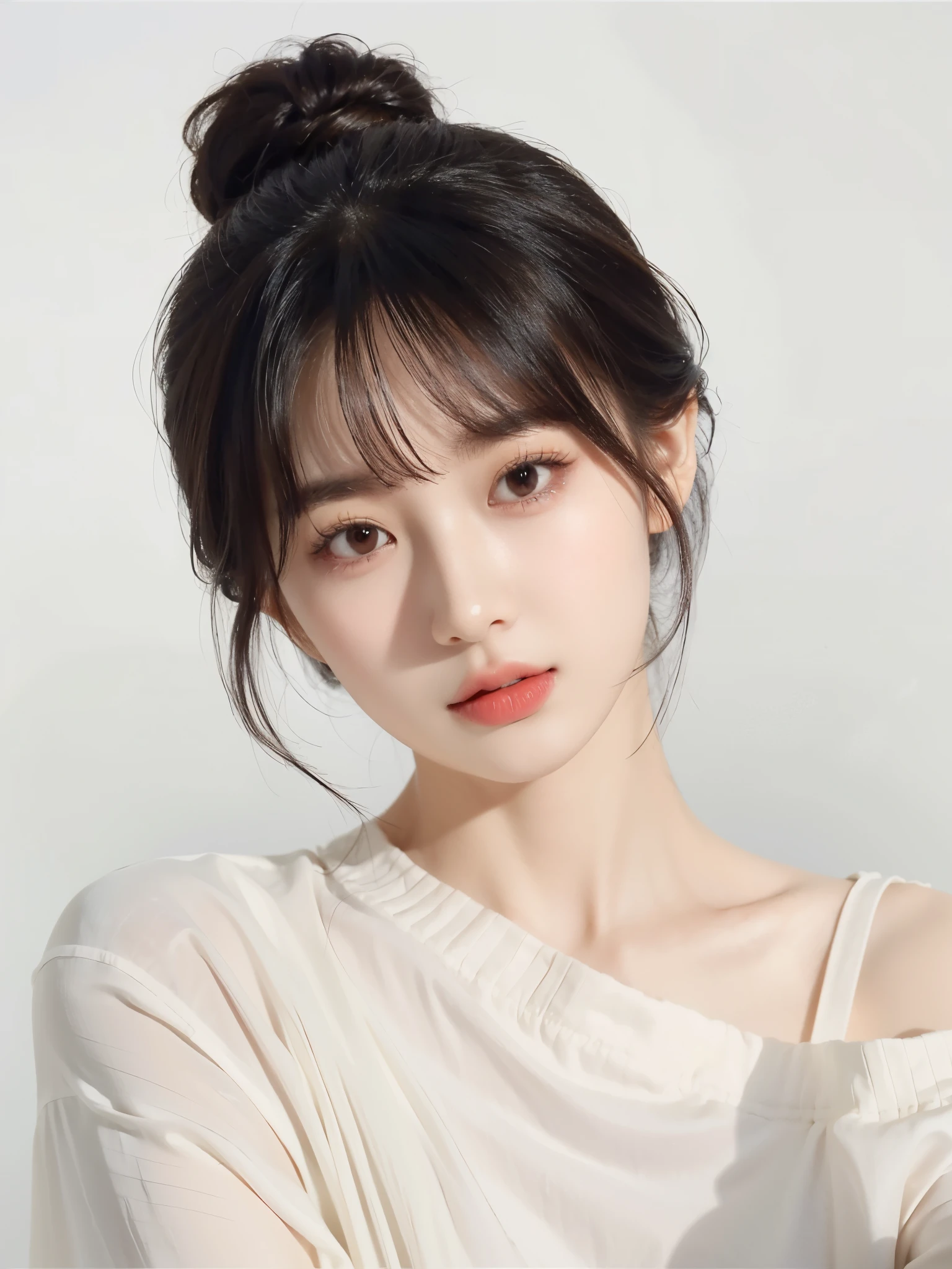 black hair color hair、Asian woman in white dress, Hairstyle with bun，Bae Xiuzhi, Urzans, Nam Jae-yeon,  jinyoung shin, Portrait of a Korean female idol, gorgeous young korean woman, 8k photograph, Young and cute Korean face, beautiful young korean woman, lalisa manobal, 她有一头black hair color hair，With bangs