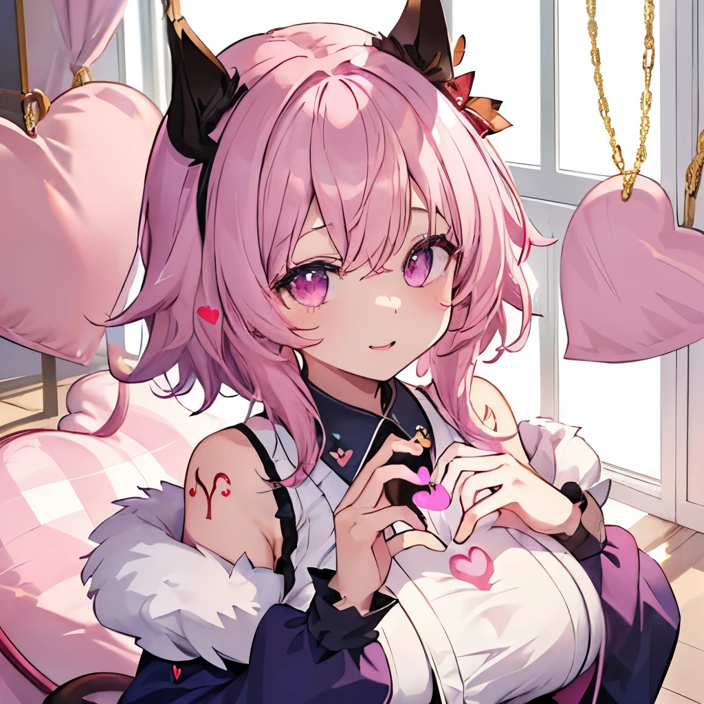 Details、ultra-detailliert、masterpiece、top-quality、Beautiful fece、A detailed eye、 (natta:1.2)、、耳环、(student clothes.1.1)、Shady face、、(Pink Room)、malicious smile、Bruises and ugly facial features、Young features、(Lori:1.2)、long-sleeve、(fluffy sleeves fluffy hair、(Open your mouth and laugh)、、Short stature、Chiquita、Ruffled uniforms、hair clips、(Ridicule:1.1)、looking-down、View of Beloise from above:1.2)、ultra gigantic tits、(Pink heart symbol:1.5)、(Mass of heart:1.5)、(Heart Effect:1.5)、(heart mark:1.5)、demon tail、Devil's Tail、Succubus、(ultra gigantic tits:1.3)、Lori、(Tattoo of the heart:1.dare、Devil's Tail、Boob Matching
