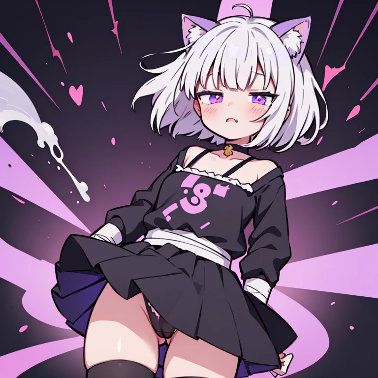 Anime girl with short white hair just above her shoulders, black dress and black stockings, Choker,purple bows on hair, bandages on the hands,cute anime catgirl, anime cat girl, female furry mini cute style, anime style character, flat anime style ,One character,Anime Vtuber Model, anime moe artstyle, white cat girl,violet eyes, juice pouring from under skirt, pussy juice strings under skirt