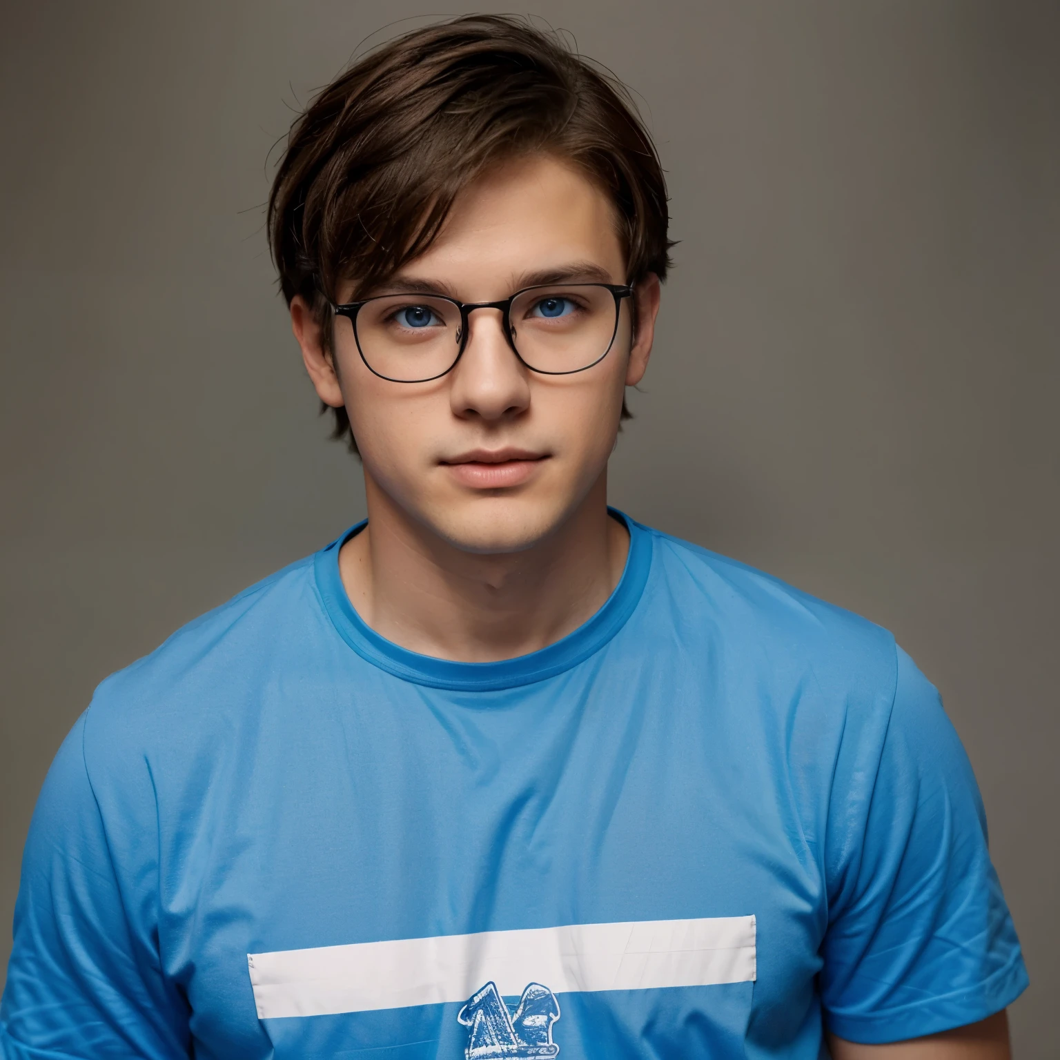 Hot guy little chubby brown medium hair white glasses and blue eyes 16 years younger old with blue shirt