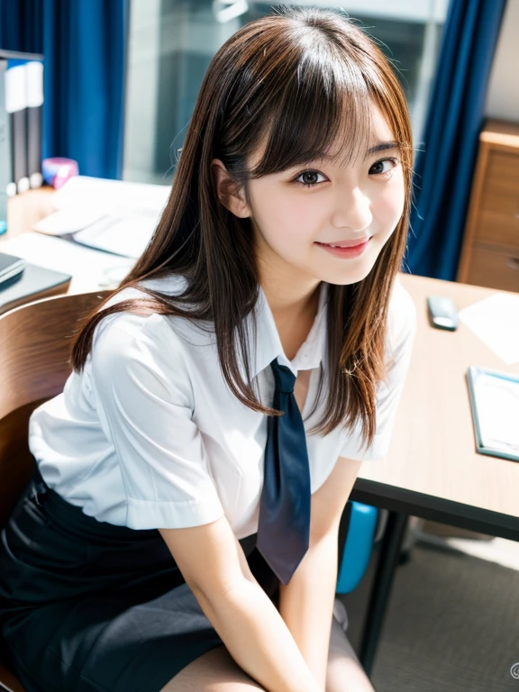 (8k, RAW photo, best quality, masterpiece:1.2),(realistic, photo-realistic:1.4), SIGMA lens, 85mm f/1.4., 1/500 sec shutter, ISO 100, Studio photography, live-action, HDR, detailed 8k background, depth of fields, Portrait, ultra-detailed, extremely detailed, hyperrealistic, soft light, cute, Japanese idol, (detailed skin: 1.2), 20 years old, extremely detailed face, pale skin, brown eyes, smiling, simple piercing, looking at viewer, office, medium size breasts, ((shirt formal)), business suits, black skirt, stockings, cleavage, legs spread, office chair