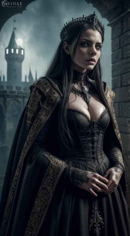 Photorealistic painting of a zombie queen, medieval castle setting, crisp sharp focus, ultra realistic,
insanely intricately detailed fabric clothing, rich textures, dramatic lighting, dark fantasy, eerie, unsettling, nightmarish,
spooky, Gothic, dreamcore, surreal, strange, i can't believe how beautiful this is