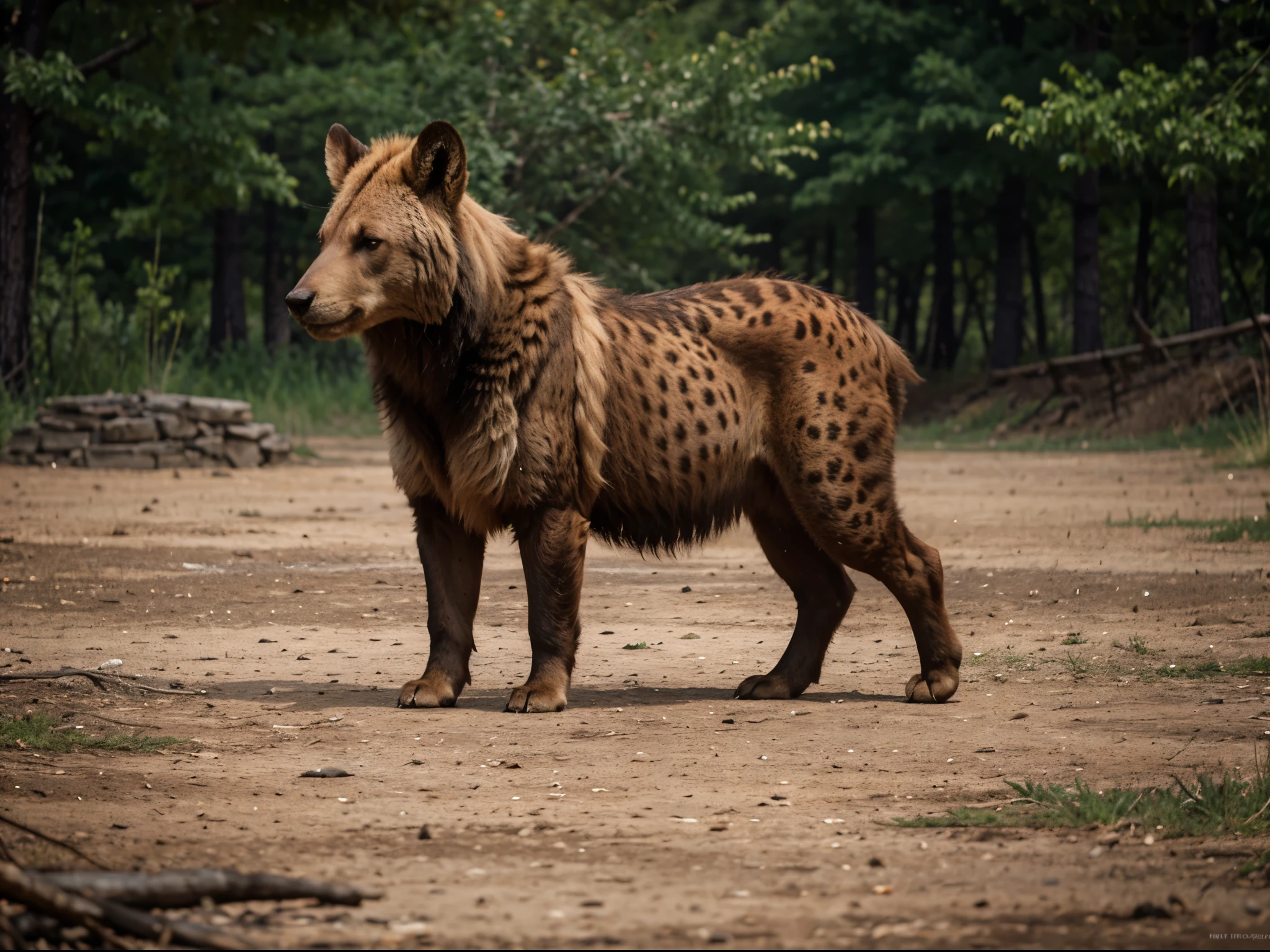 Imaginative crossbreed of Markhor mix with Grizzly Bear and Hyena, photorealistic, hybrid animal, hyper detail, Bokeh background, full body, realistic, realism, animal photography, documentary, perfect anatomy, 1animal, perfect breed, natural
