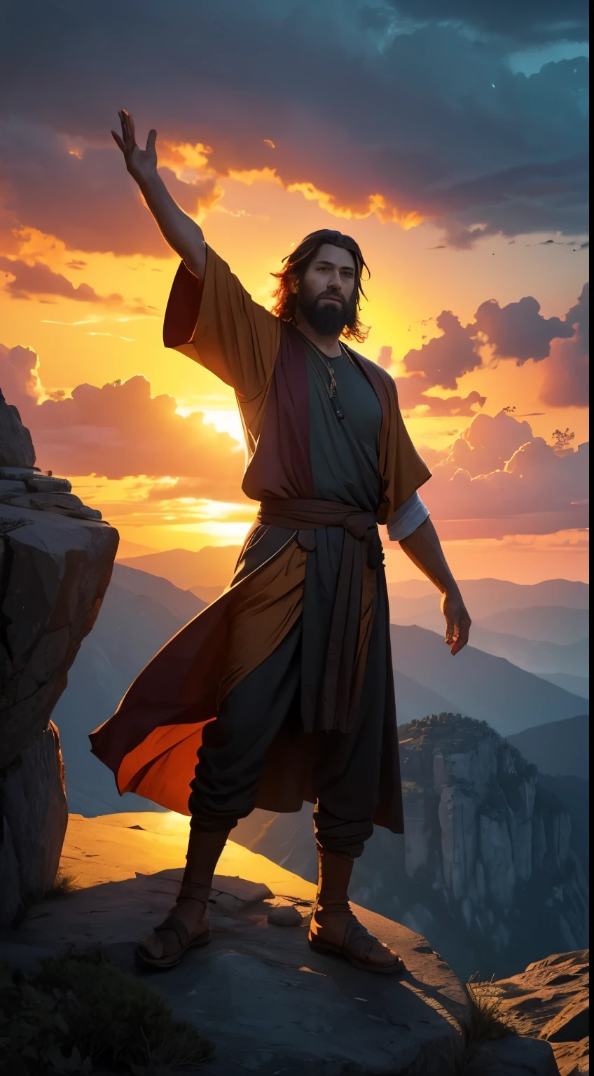 A prophet Elijah with raised arms standing on a humble rocky altar in the midst of a mountainous landscape. The scene is illuminated by dramatic lighting, with horizontal clouds filling the sky. The atmosphere is vibrant with colors, resembling the art style of Frank Miller. The image is of the best quality, with a realistic touch (1.37), sharp focus, and vivid colors. The sky is filled with fiery hues, creating a firesky effect. The prophet's presence is commanding and piercing, radiating a sense of power and spirituality.