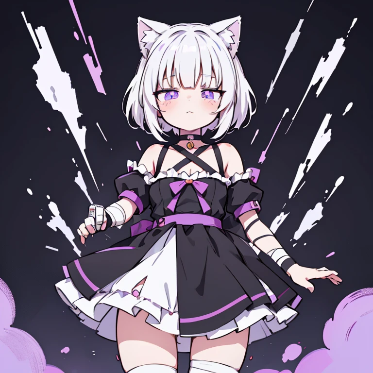 Anime girl with short white hair just above her shoulders, black dress and black stockings, Choker,purple bows on hair, bandages on the hands,cute anime catgirl, anime cat girl, female furry mini cute style, anime style character, flat anime style ,One character,Anime Vtuber Model, anime moe artstyle, white cat girl,violet eyes, juice pouring from under skirt, pussy juice strings between legs