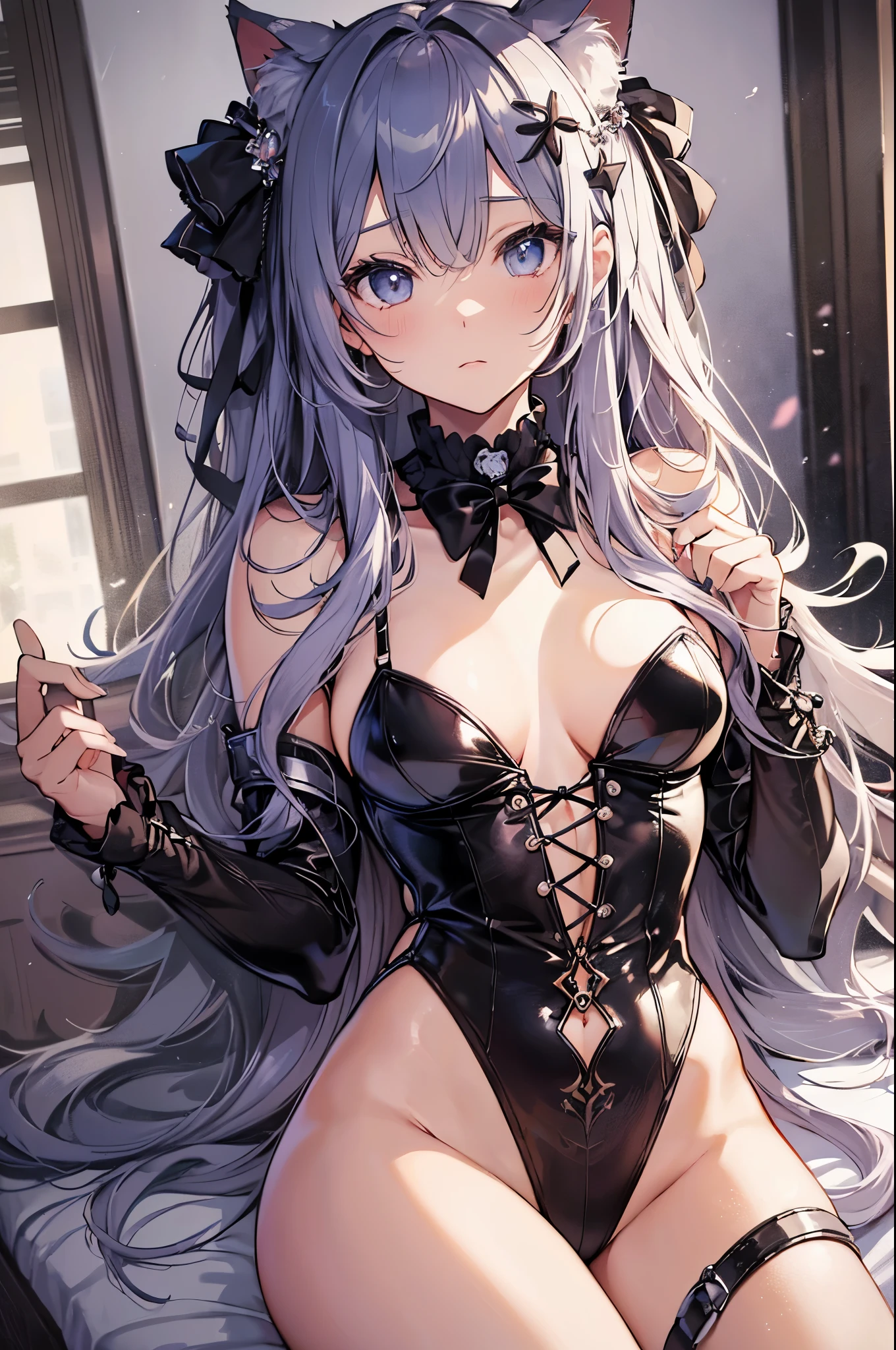 ((4k、8k、top-quality、perfect fingers: 1.3、perfect anatomia: 1.3、Background blur))、(Transformation Sequence)、((a beautiful slender girl、blushing and confused、cat ear、cute big droopy eyes、Two side up straight long hair、12 year old girl、Small breasts))、((butler uniform leotard:1.1、long-sleeve、Ornately decorated hair ornament))、(highleg)、Bedroom in an aristocratic mansion、whole body display、a bed、laying on back、Angle from directly above、