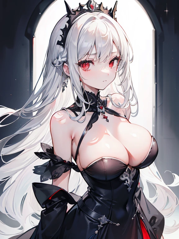 (bestquality, masterpiece), (An elegant girl , 1girl , solo, "black and silver Dress ", off-the-shoulder, boobs , standing, looking at the audience, "Silver Hair", Very Long-haired, "France braid" , Diadem, Gradient Red eyes, closed mouth,  upper body ), (white background)