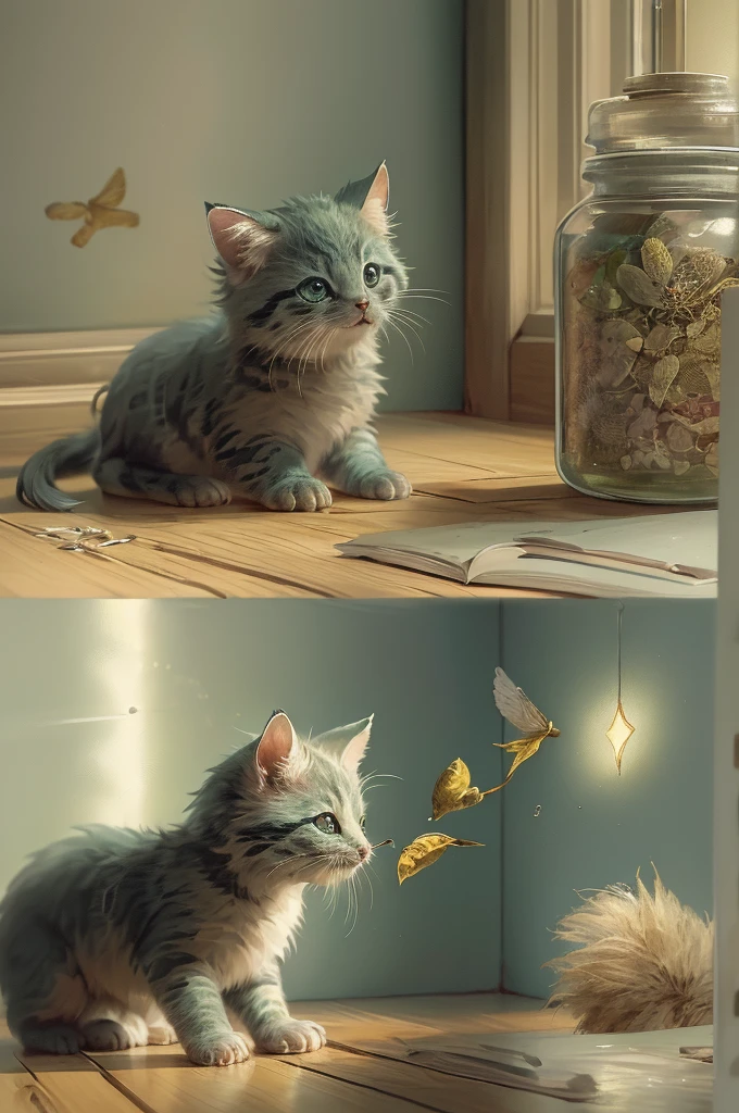 Grainy, Extremely Detailed, Intricate Details, Dynamic Lighting, Photorealistic, Film, Daylighting, m0nst3rfy3, Cute Kitten, Playing with Moth