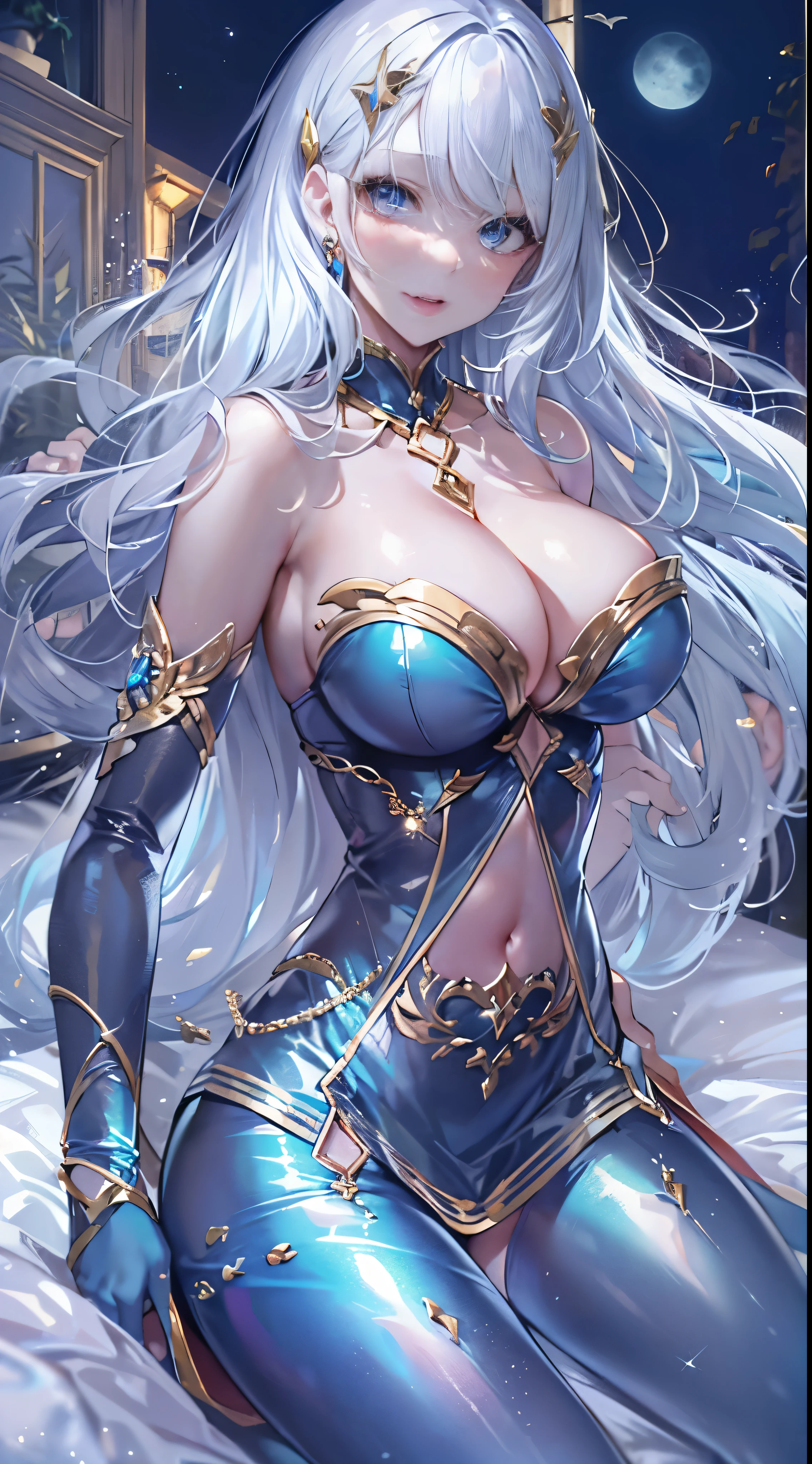 One lady,ars,((White hair) ,((())), ((Normal breasts)), (())(()),(Shiny blue bodysuit with microskirt))),,((Fantasy,Moon Night))(())