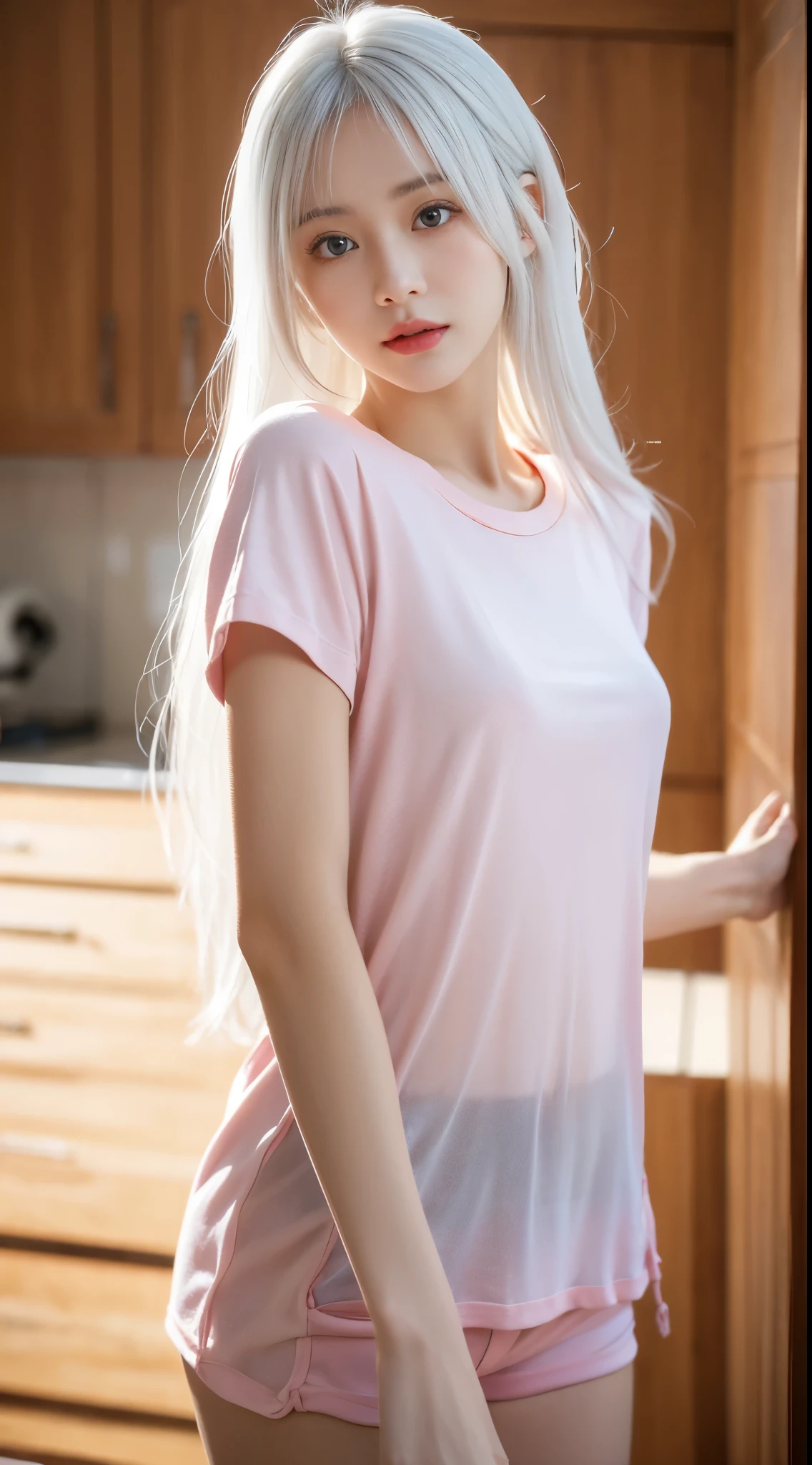 mix4、(8K、Raw photography、top-quality、masterpiece:1.2)、(NSFW:1.4),(realisitic、Photorealsitic:1.5)、1girl in、A young woman with a delicate and slender face, gentle brown eyes, semi long hair,she seems thoughtful and introverted, her appearance is elegant and sophisticated, Best Quality, The best smile, a beauty girl, Cute, depth of fields, High resolution, Ultra Detail, Highly detailed, Highly detailed 、 Sharp pupils, Realistic Women、Cinematic lighting、beautiful white hair color、pink sexy running shirt