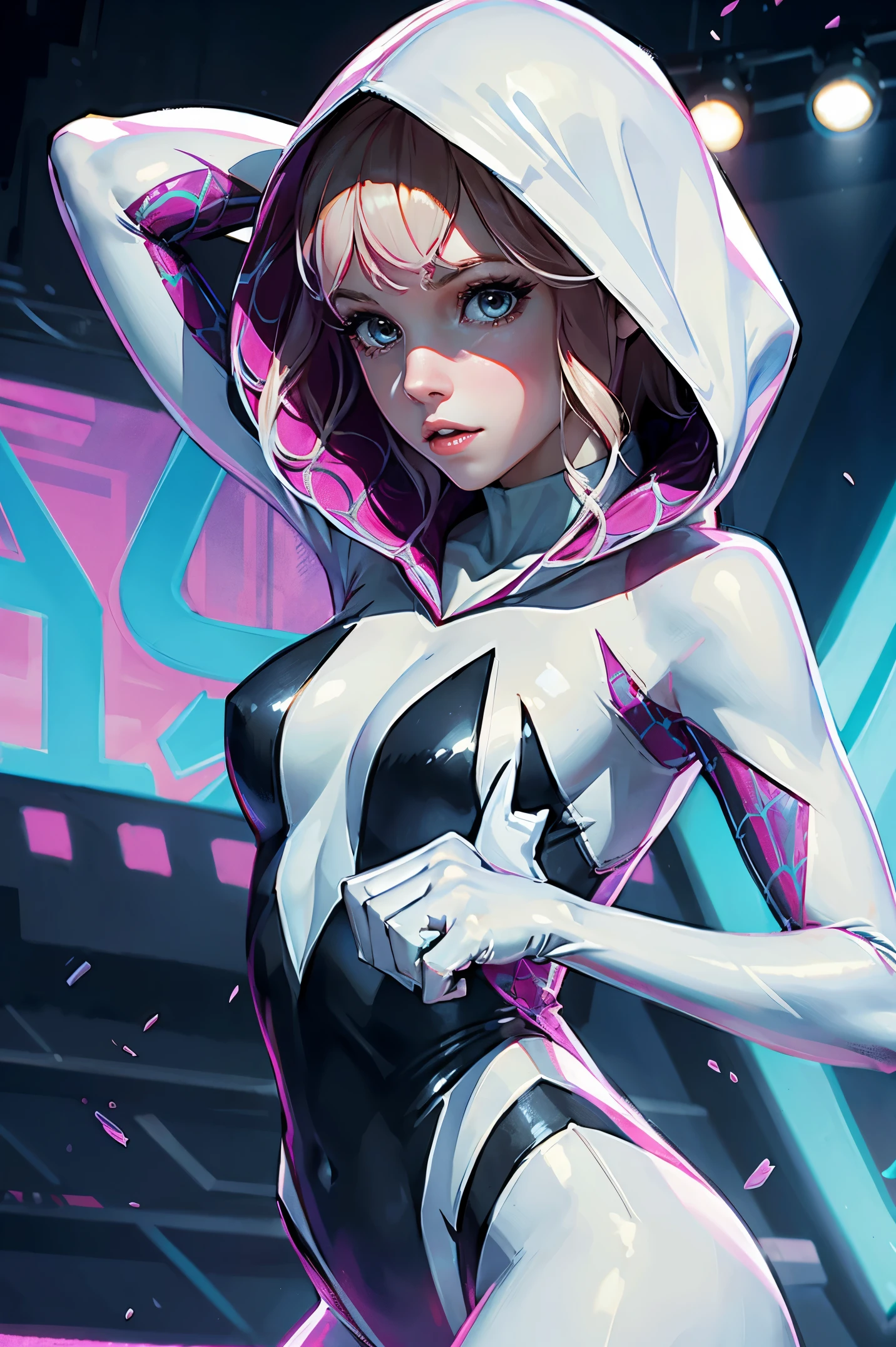 Anna Kendrick wearing spidergwen costume, spidergwen costume, low-tied long hair, spidergwen costume, hooded bodysuit