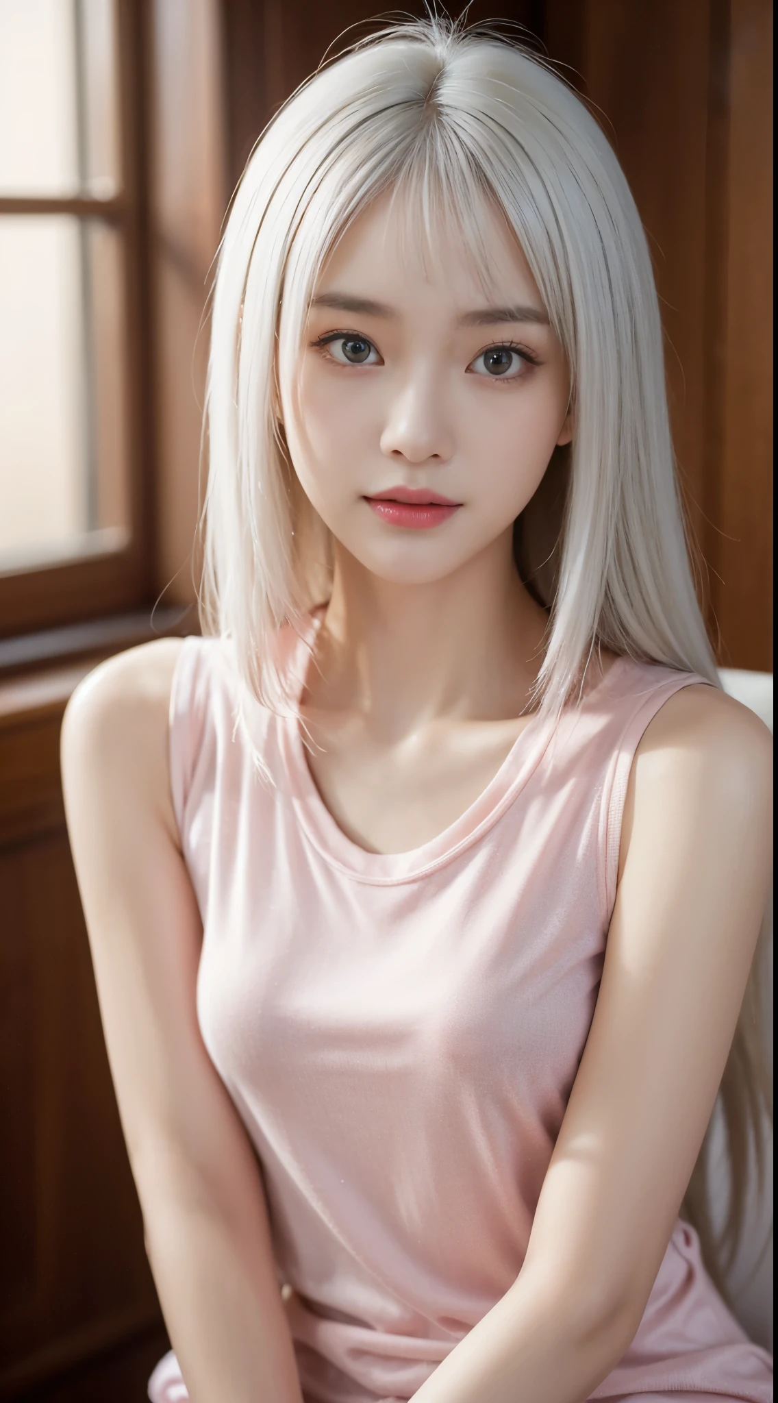 mix4、(8K、Raw photography、top-quality、masterpiece:1.2)、(NSFW:1.4),(realisitic、Photorealsitic:1.5)、1girl in、A young woman with a delicate and slender face, gentle brown eyes, semi long hair,she seems thoughtful and introverted, her appearance is elegant and sophisticated, Best Quality, The best smile, a beauty girl, Cute, depth of fields, High resolution, Ultra Detail, Highly detailed, Highly detailed 、 Sharp pupils, Realistic Women、Cinematic lighting、beautiful white hair color、pink sexy running shirt