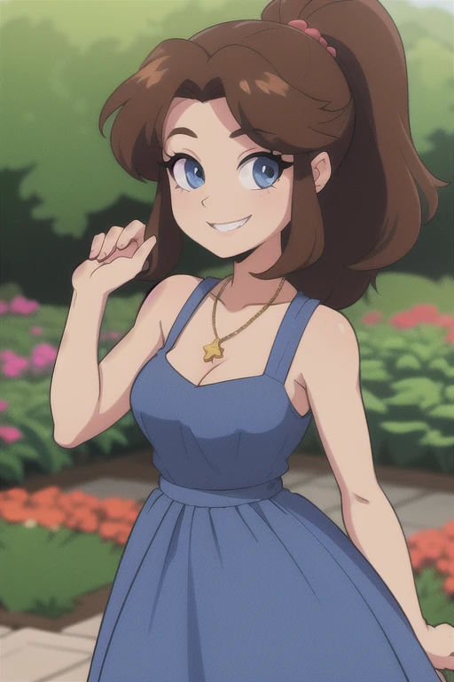80's anime style, brown hair, ponytail, blue eyes, bare arms, little blue dress, golden necklace, smile, cowboy shot, standing, garden, gazebo, beautiful, best quality, close up.