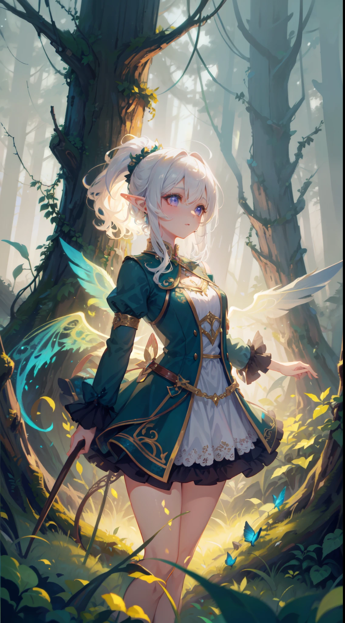 ((masterpiece, best quality)), (Exquisite art style: 1.2 + bright colors: 1.2), (HD wallpaper + ultra-high precision: 1.2), When you think of "elf wings", you will imagine a flowing, elegant elf girl, flying in the air, surrounding the woods and wilderness. Her wings can be white, gold, or silver-gray, shining. She can wear dresses, short skirts or blue silk. Surrounded by trees, flowers and small animals, it full of nature and magic. The theme "Wings of Elves" good at depicting brightly colored and detailed dreamy pictures, which lead people's imaginations infinitely to the world of and fantasy, BREAK, highly detailed of (elf), (1girl), perfect face,details eye, short hair, low ponytail, Blunt bangs, (hair between eye), white hair, violet eyes, fantasy art by Artgerm, by Kawacy, by Wadim kashin, BREAK, extremely detailed, dynamic angle, cowboyshot, the most beautiful form of chaos, elegant, a brutalist designed, vivid colours, romanticism, BREAK, eyelashes, eyeshadow, pink eyeshadow