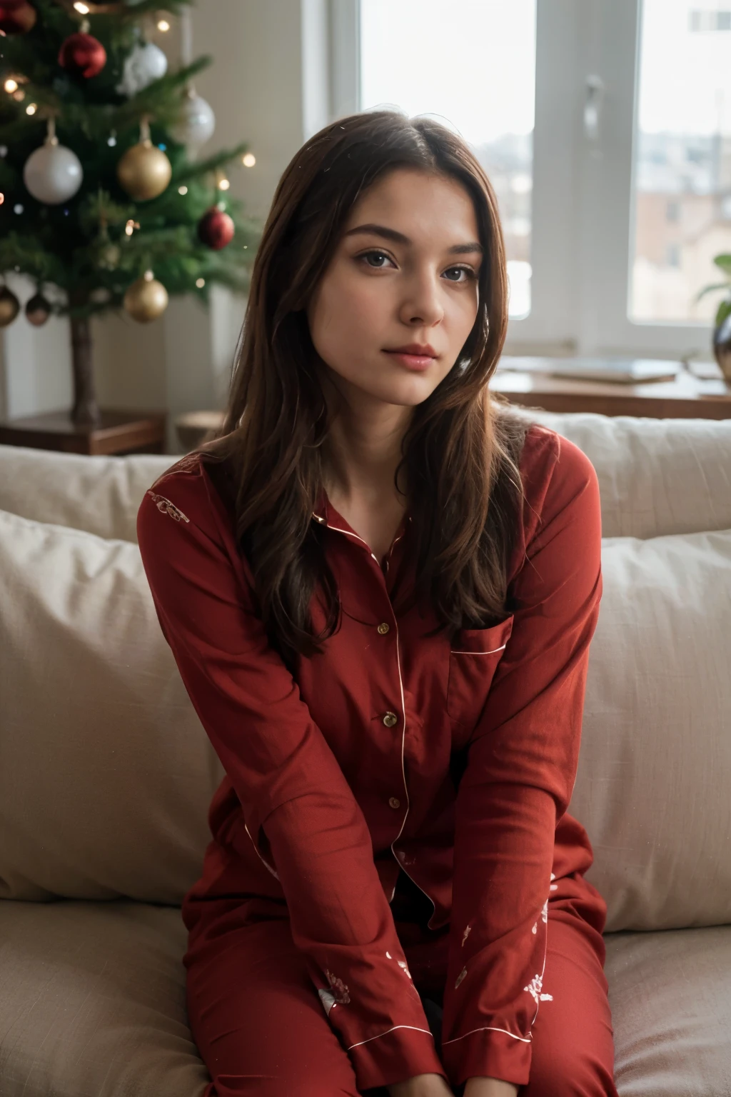 Beautiful 24 year old girl, long dark hair, deep green eyes, seductive look, no makeup, natural beauty, hyperealistic skin texture, 8K from a red cinematography camera, next to the beach , "(8k, RAW photo, highest quality, masterpiece: 1.2), 24 years old ultra-fine depiction, clearly visible, girl with dark hair film Kodak iso 400, hyperrealism, detailed skin texture. at her apartment in Miami during Christmas, she is wearing a Christmas hat, a red Christmas pijama, she is sitting In her white sofa. There's a Christmas tree behind her, there's warm lighting at the Apartment, its a very cozy night at home. she is wearing a two piece red pijama, fully clothed its cold outside. fully cloudy, warm feeling. picture was taken in an iPhone 15 camera. she is wearing red pijama pants with a red Christmas sweater.