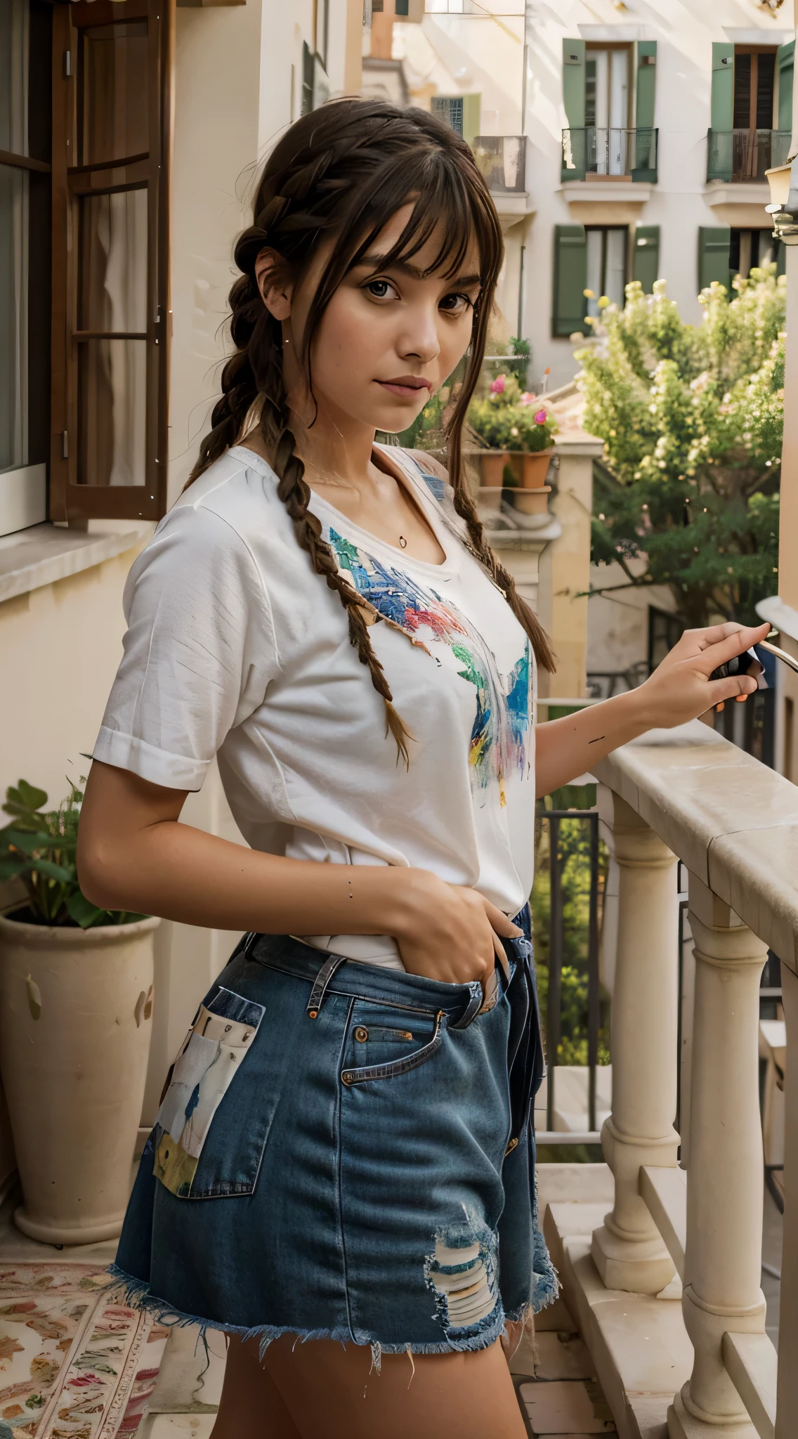 masterpiece, best quality, ultra-detailed, 1girl, balcony, italy, painting landscape, bangs, braided hair, medium wavy hair, black hair, artist, paint, working, relaxed