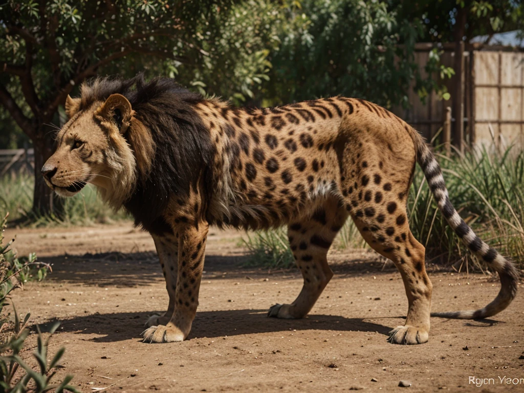 Imaginative crossbreed of Lion mix with Tasmanian Devil and Hyena, light brown color, photorealistic, hybrid animal, hyper detail, Bokeh background, full body, realistic, realism, animal photography, documentary, perfect anatomy, 1animal, perfect breed, natural