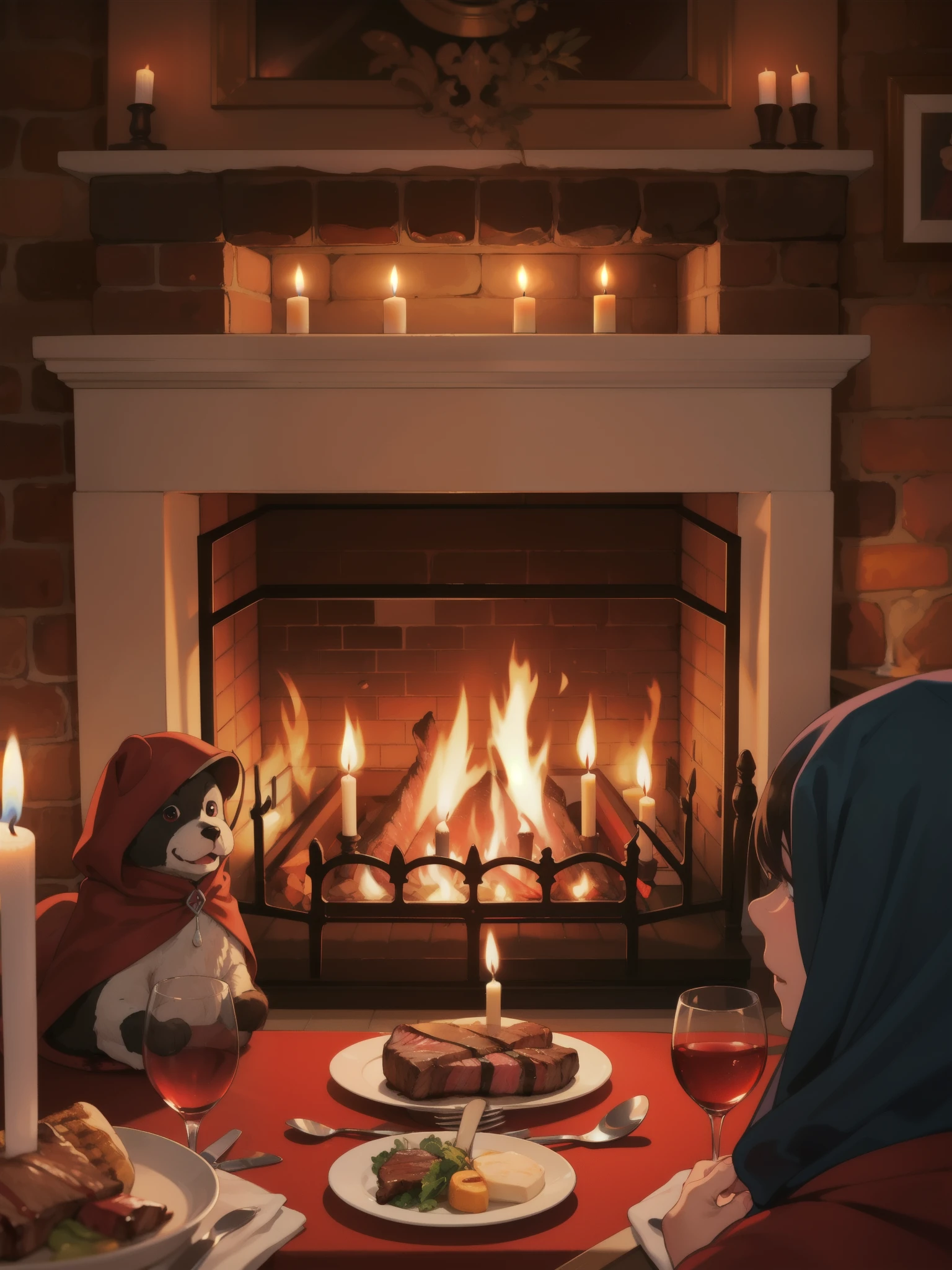 littleredridinghood, fireplace, dining table, Bloody steak, waxy candles, claret