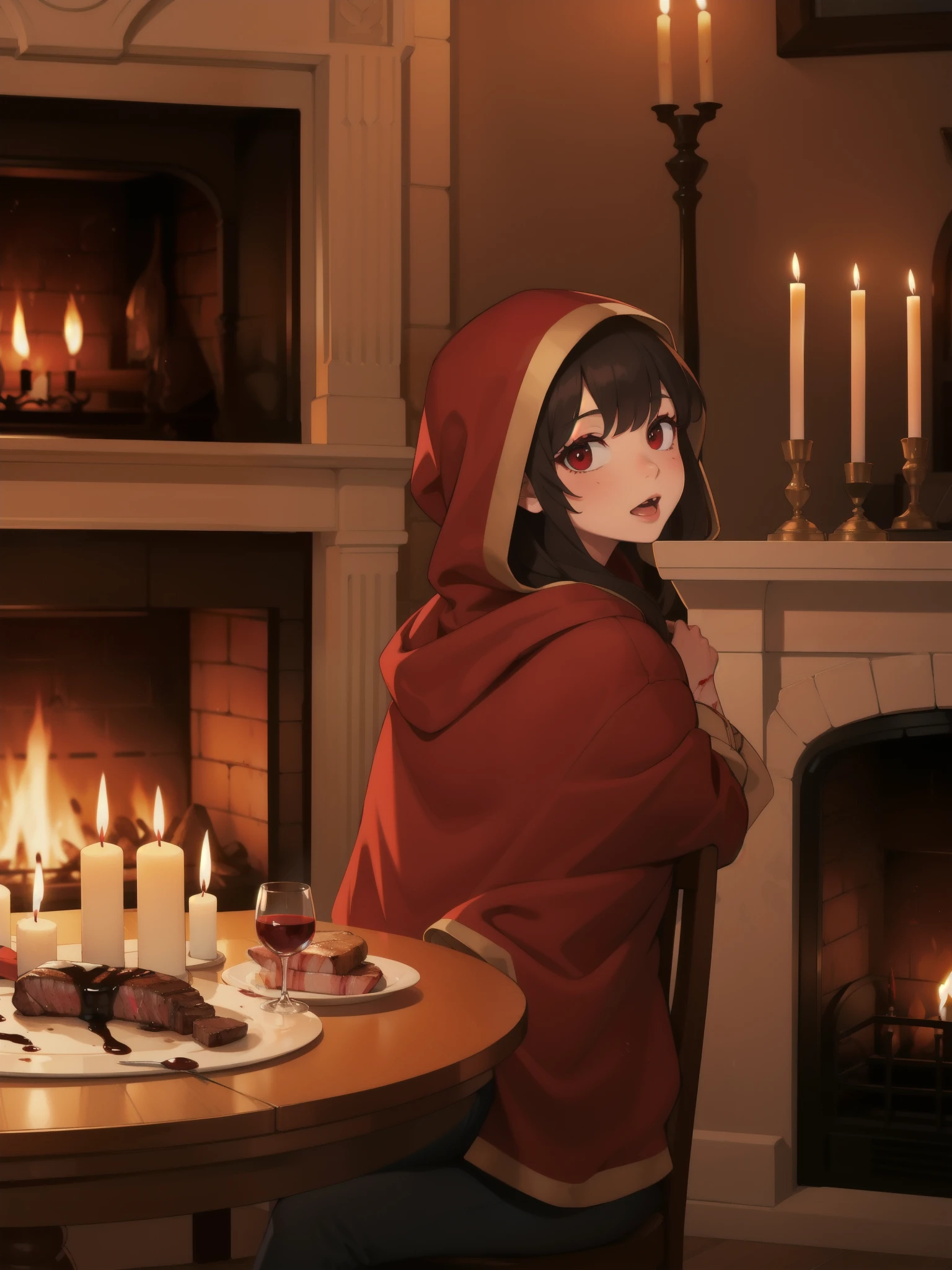 littleredridinghood, fireplace, dining table, Bloody steak, waxy candles, claret