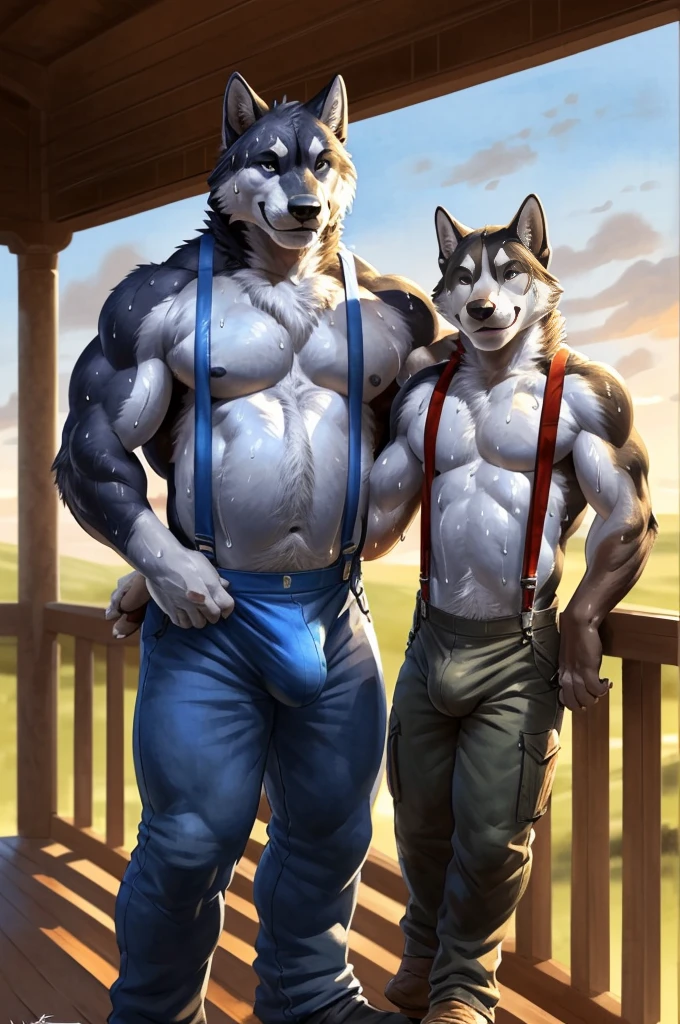 (duo, size difference, father and son:1.9) muscular anthro husky posing for the camera, flexing muscles, touching himself. 4k, high resolution, best quality, posted on e621, solo, anthro body, anthro husky, black and white body,older male, male, , masculine, (very muscular, thick build, pectorals:1.2), correct anatomy, (countryside background, porch, evening), (by wfa:1.2), (by Taran Fiddler, by negger:1.0), (pants, suspenders, bulge:1.2), (detailed eyes:1.2), sexy, (sweat:1.5), smile, shiny muscles, strong shadows, confident, seductive, flirting, half-body shot, looking at viewer, photorealistic fur