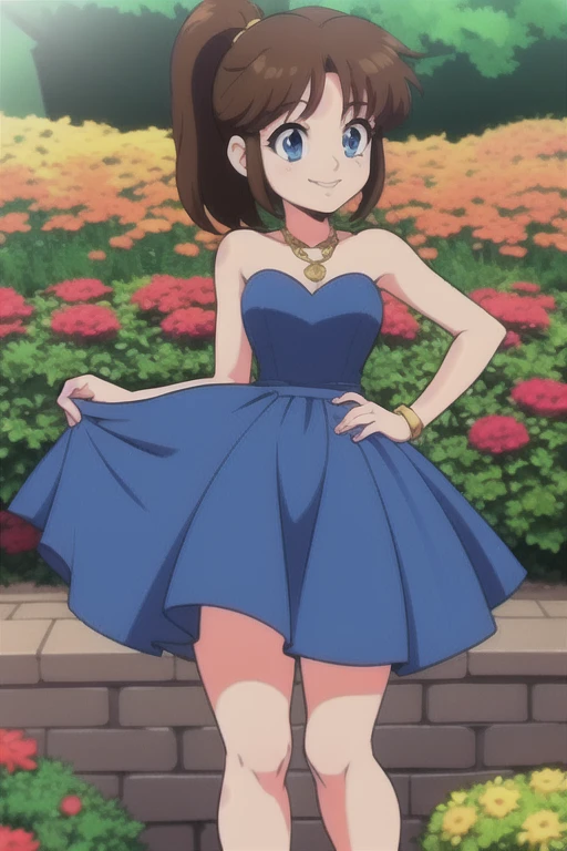 80's anime style, brown hair, ponytail, blue eyes, bare arms, little blue dress, golden necklace, smile, cowboy shot, standing, garden, gazebo, beautiful, best quality, close up.