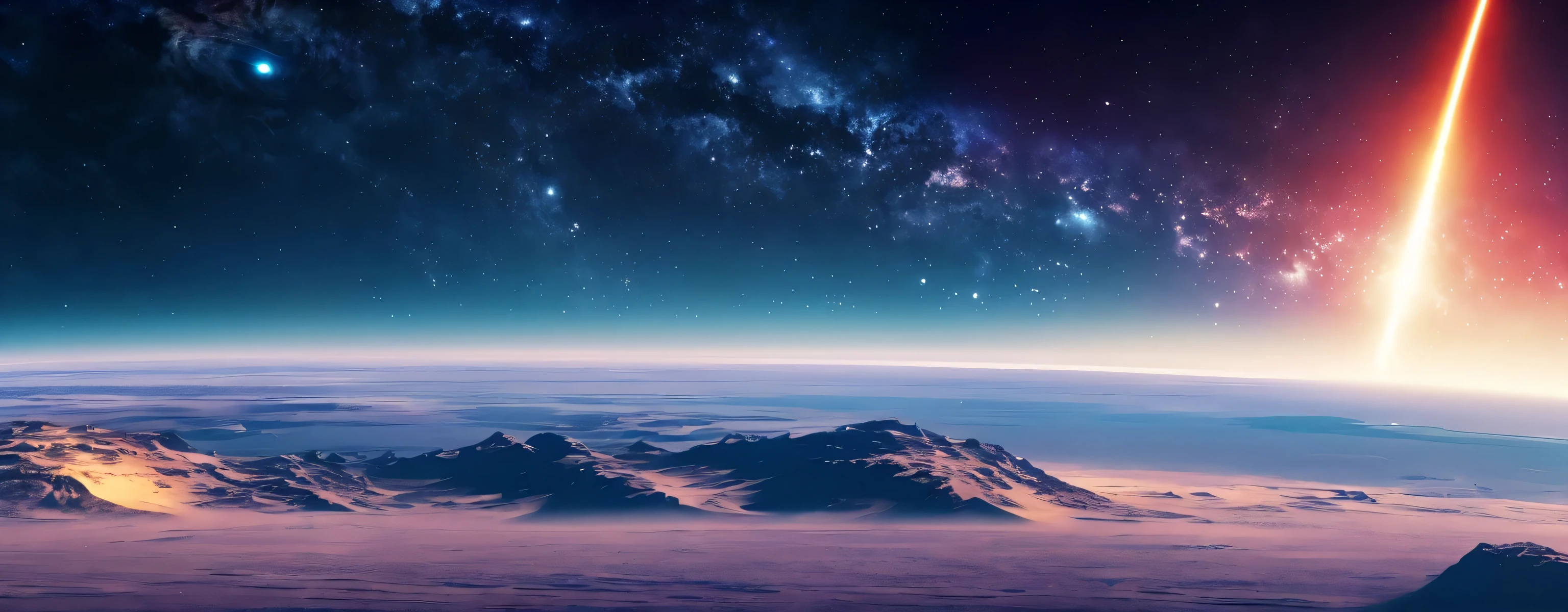 There is a bright planet in the distance，A ship((are small))(spaceship)((drag(long)(dizzy)Tail flame))all over the world，The vast and beautiful stars in the universe,Star ring，Alien planet in the distant sky, Space landscape, Planets in space above the horizon, Beautiful alien landscape,narnia effect，Roche limit，NASA HD photos风格，futuristic setting, Future environment，NASA HD photos，science fiction scene,lead，full projection，futuristic landscape, sci - fi film still, science fiction scene, science fiction scene, Sci-fi 3D rendering, dramatic lighting sci fi，8kunity 3D HD wallpaper，4k vertical screen wallpaper, 4k vertical screen wallpaper