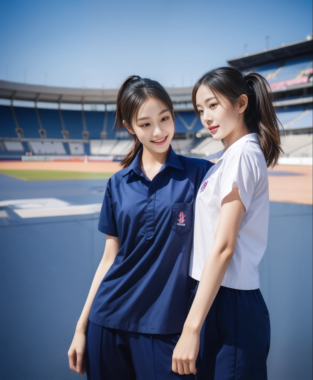(bestquality,10,10,highres,masterpiece:1.2),ultra-detail,(Realistic,ภาพRealistic,photo-realistic:1.37),1 Cute girl in the football field,oily shiny skin,bara,light smile,BDclothelue shirt:1.3)),short sleeves,shirt, trousers.,(navy_long_ติดตามtrousers:1.1), ((Stadium Background:1.3)),dynamic angle,excited,face focus,Dynamic Poses,from behide,Ass Focus,masterpiece, bestquality, ultra realistic, hyper-detail, 8k resolution, RAW photo, crisp focus, ((Navy blue shirt:1.1)), short sleeves, เส้นทางlong, Complete bodyแบบ, 2 mature women, 18yo, cinematic light,trousersวอร์มสีน้ําเงิน,Gymware,Correct anatomy,Complete body, Correct body, sharp face, Correct bodyทางกายวิภาค, full entire body, Realistic gestures, long-haired, Realistic poses,Wear long shorts...........................................,ช่วงขาlong,Shapely,Sculpting Girl, Slender Figure, mannequin mannequins, Shapely, Beautiful body,trousersวอร์มสีน้ําเงิน, Two girls kissing