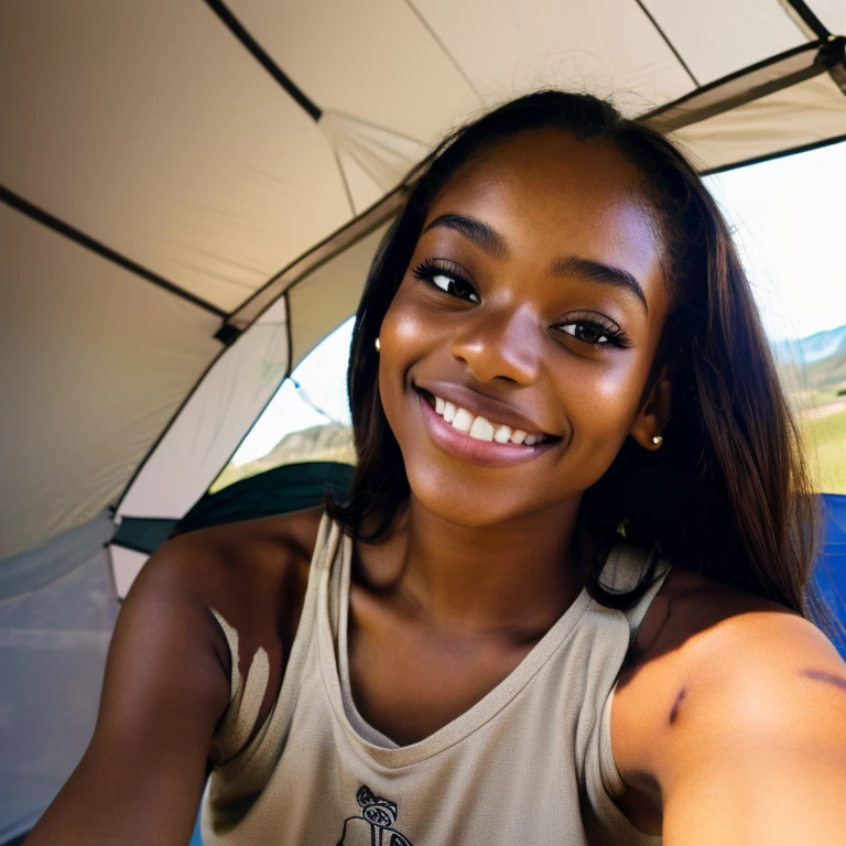 Beautiful brown girl with breathtaking smile camping on cloudy day,She takes a selfie from the top,She's having((detailed skin textures)),realistic skin textureig brown eyes))and cute lips,Petite girl wearing glamping outfit