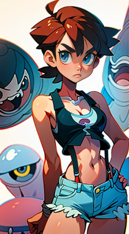 (best quality, masterpiece), 1girl, Misty from Pokémon, pokeball, fog, (cartoon: 1.5), thong, busty, cleavage, low waist jean shorts, tank top, suspenders, rounded stomach