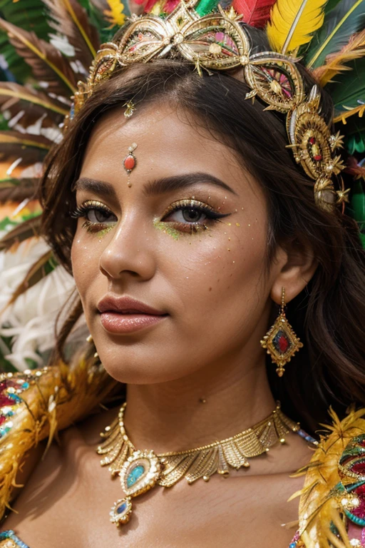 (best quality,highres,ultra-detailed:1.2),colorful,beautiful girl portrait, detailed eyes, detailed lips, side view, carnival mask, Brazilian carnival, exotic atmosphere, vibrant colors, festive mood, traditional costume, feathers, glitter, samba rhythm