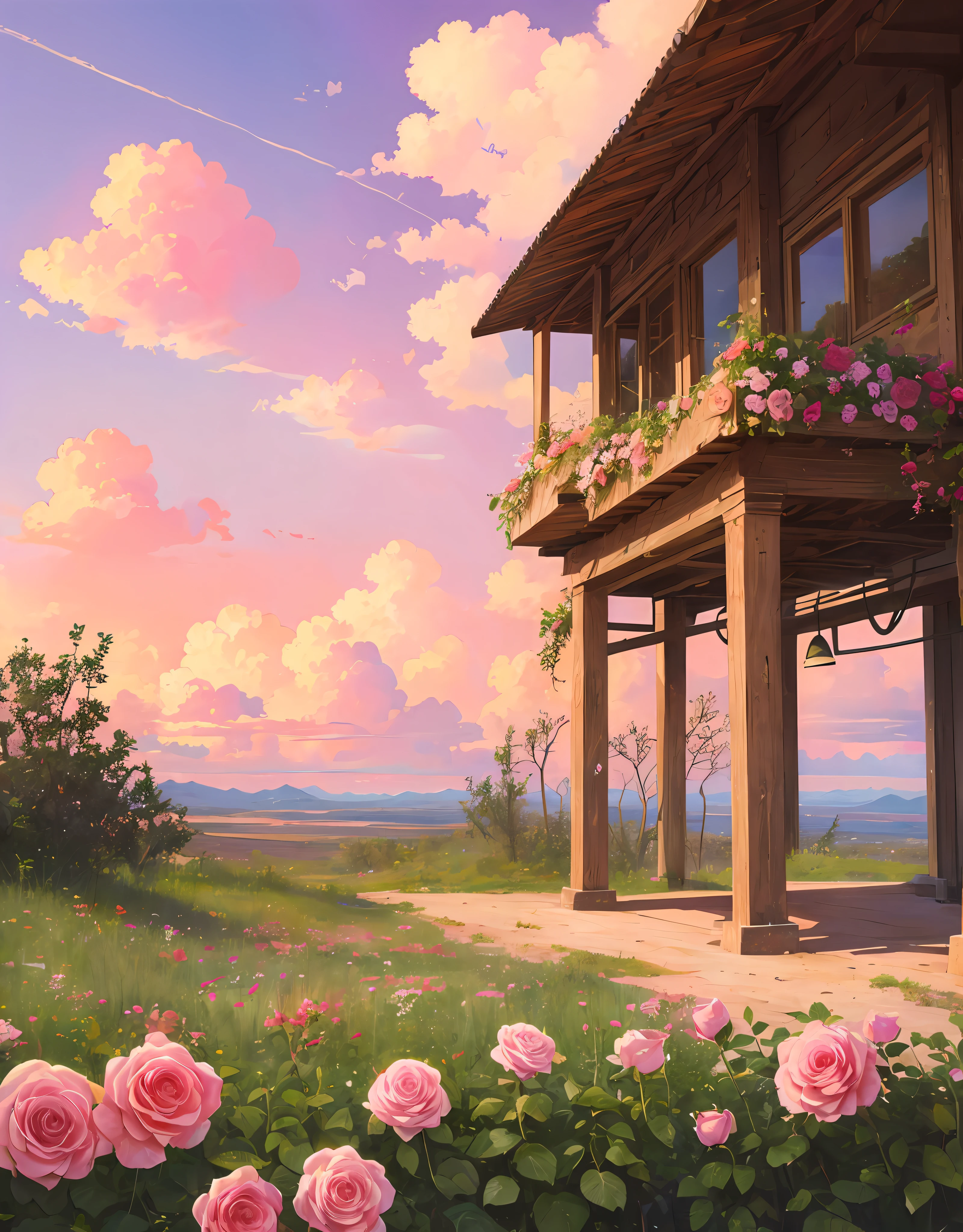 Summer, desert, pink clouds, a land overgrown with roses, James Gurney, art station rendering, ultra-wide lens, high definition