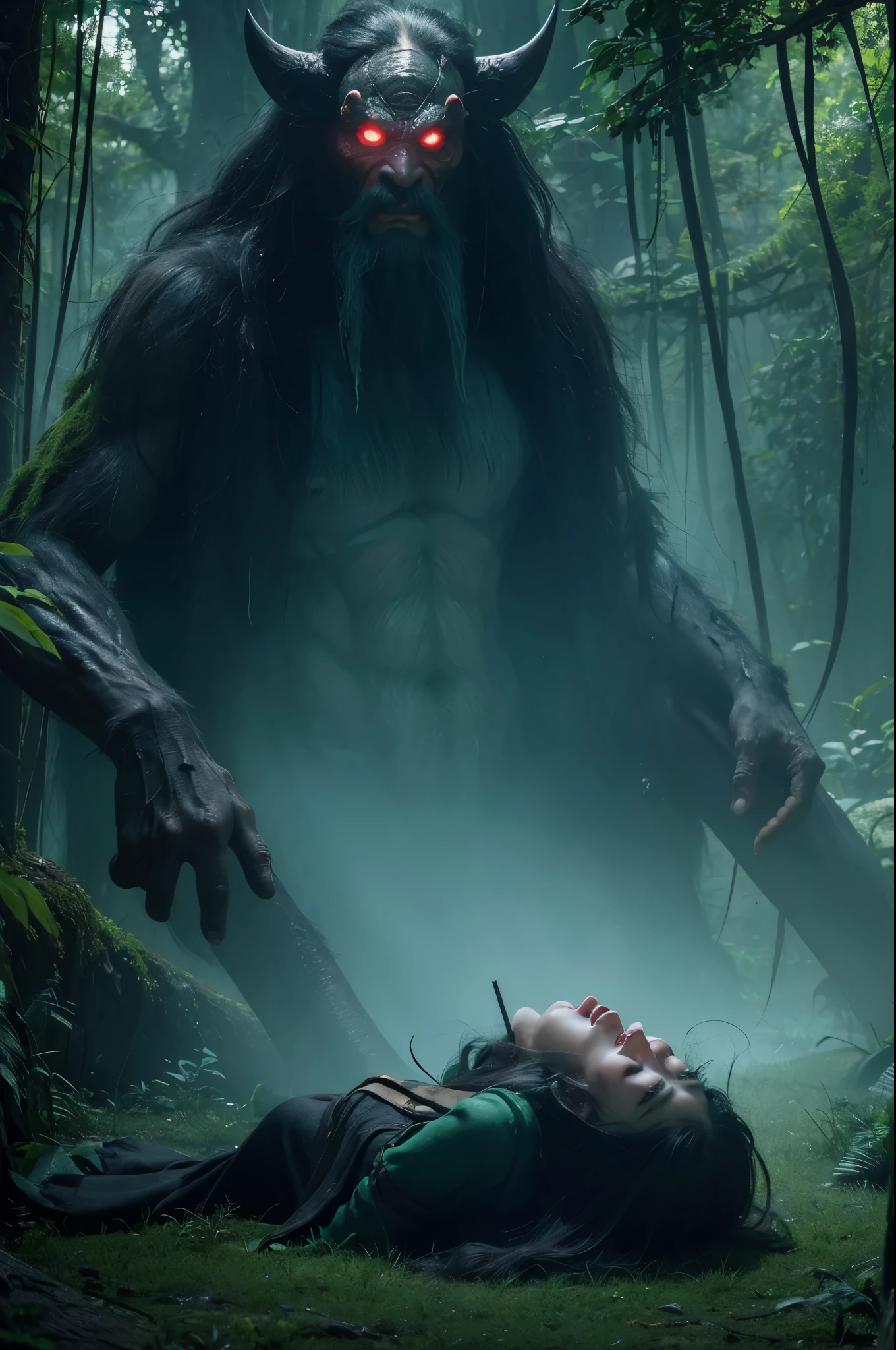 ((dark fantasy)),(beauty horror),ancient Chinese myth,A one-eyed creature similar to a Treant,gigantic,Megalophobia,dark,jungle,cyan mist,glowing green pupil,eating human,human corpses on the ground