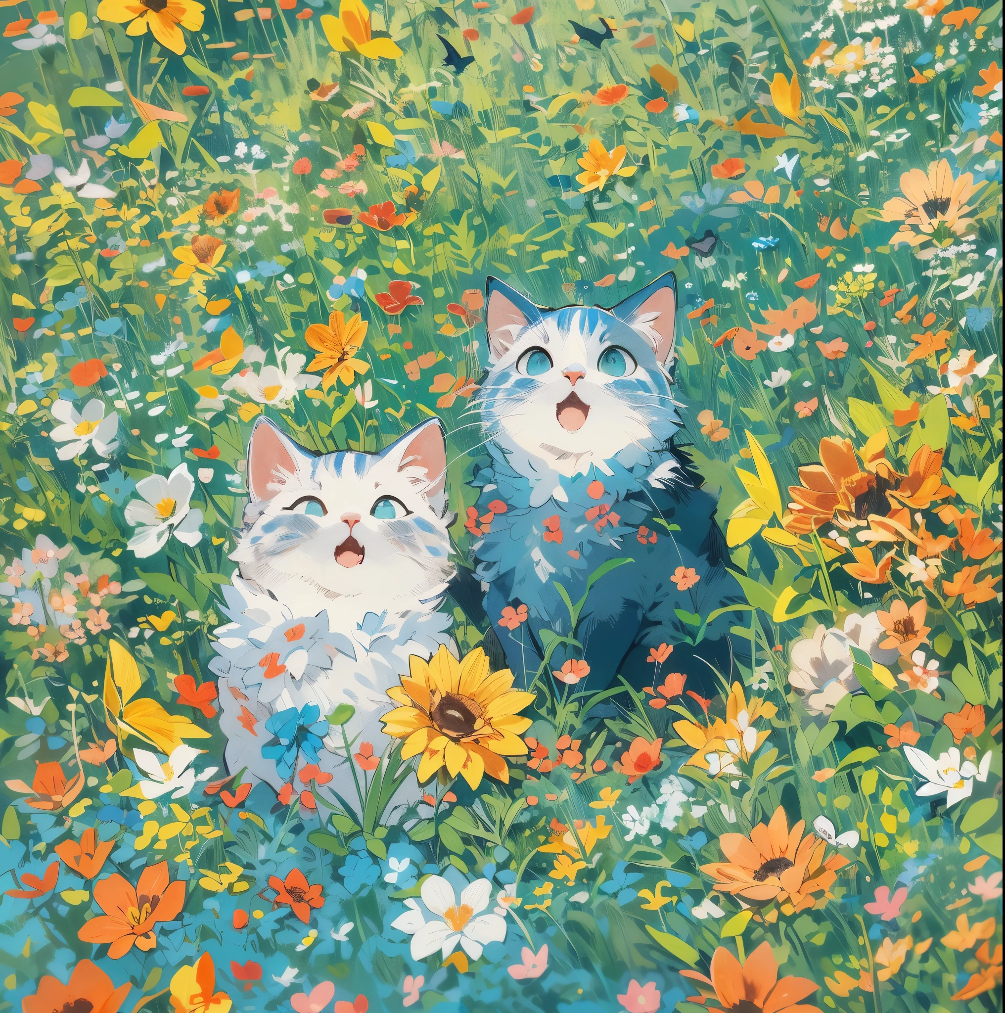 absurderes, ultra-detailliert,bright colour,(8K:1.5),masuter piece,Hearts fly,Bright scenery、For that, blue open sky,(Deep Blue Eyes:1.4) ,Colorful flowers are blooming around the river,(Cat's Paradise:1.3),rays of sunshine,The blue sky stretches as far as the eye can see,Cats are sitting in a flower garden with calm expressions,Birds are also flying in the sky,Confetti,