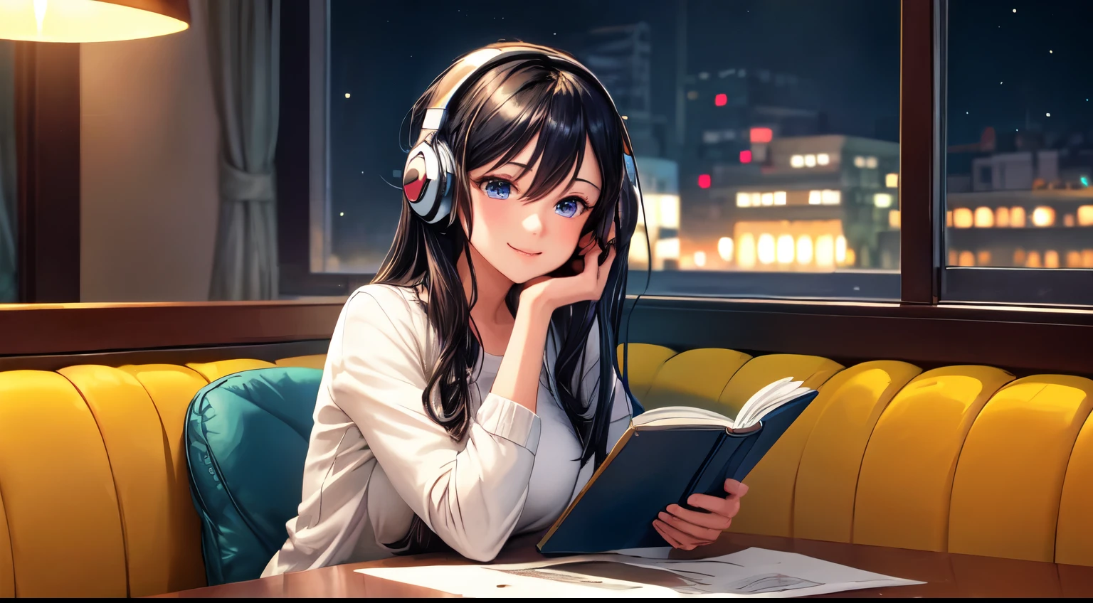 (best quality,masterpiece:1.2),detailed,perfect face,girl with black hair in a cafe,with a cup of coffee on the table,reading a book,huge windows,2D anime style,illustration,soft lighting,vibrant colors,night,night peaceful atmosphere,cozy background,expressive eyes,warm smile,flowing hair,headphones on,bright-eyed,likeable character