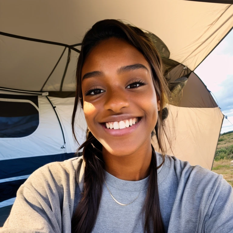 Beautiful brown girl with breathtaking smile camping on cloudy day,She takes a selfie from the top,She's having((detailed skin textures)),realistic skin textureig brown eyes))and cute lips,Petite girl wearing glamping outfit